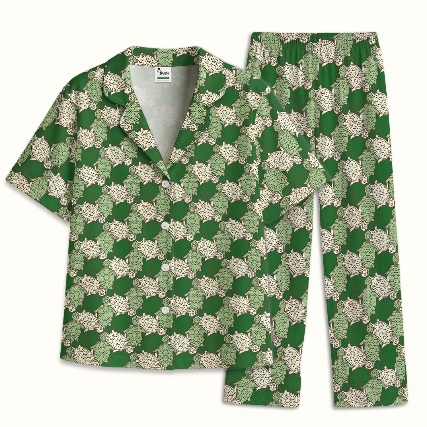 Green Sea Turtle Shell Pattern Pajama Set, Soft Breathable Fabric Comfortable Sleepwear