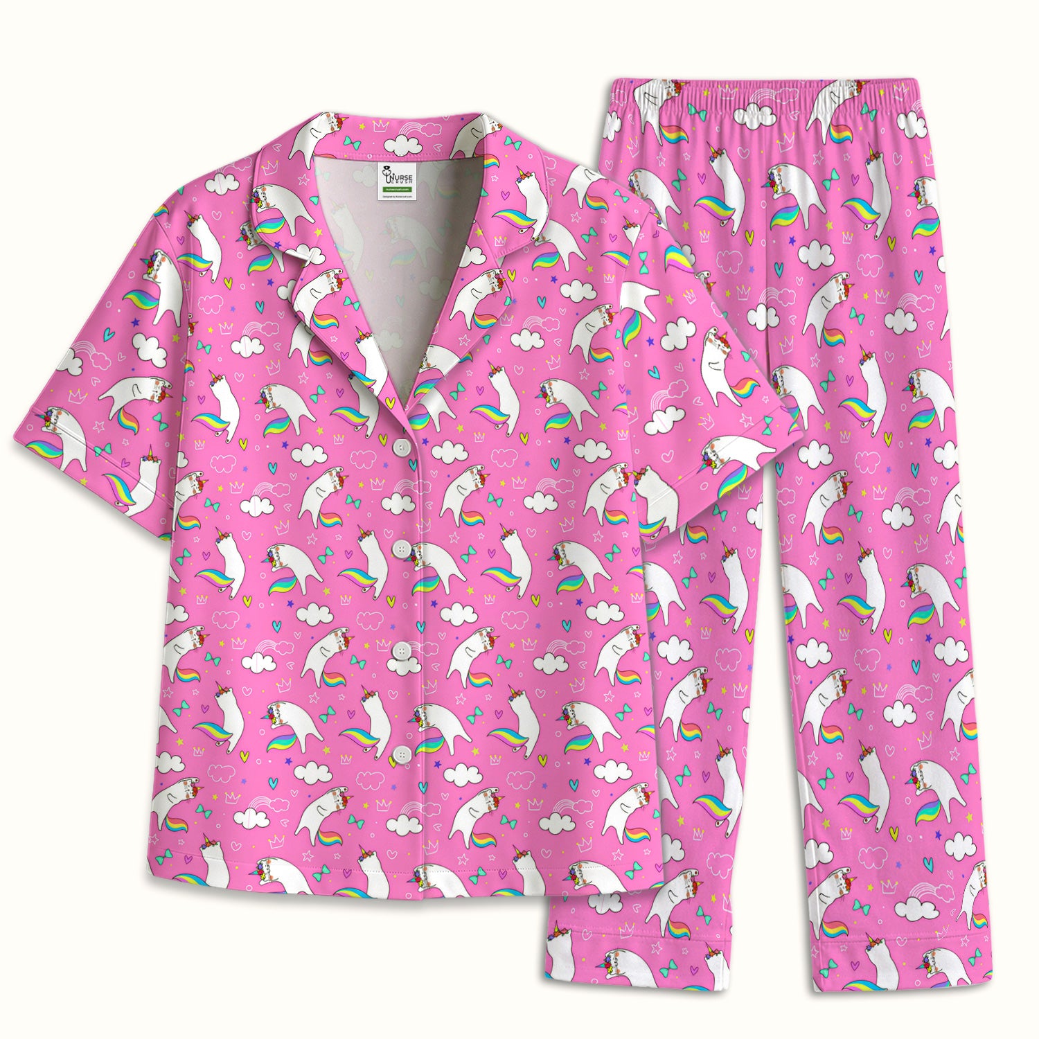 Unicorn Cat With Rainbow Tail Clouds Pajama Set, Soft Breathable Fabric Comfortable Sleepwear