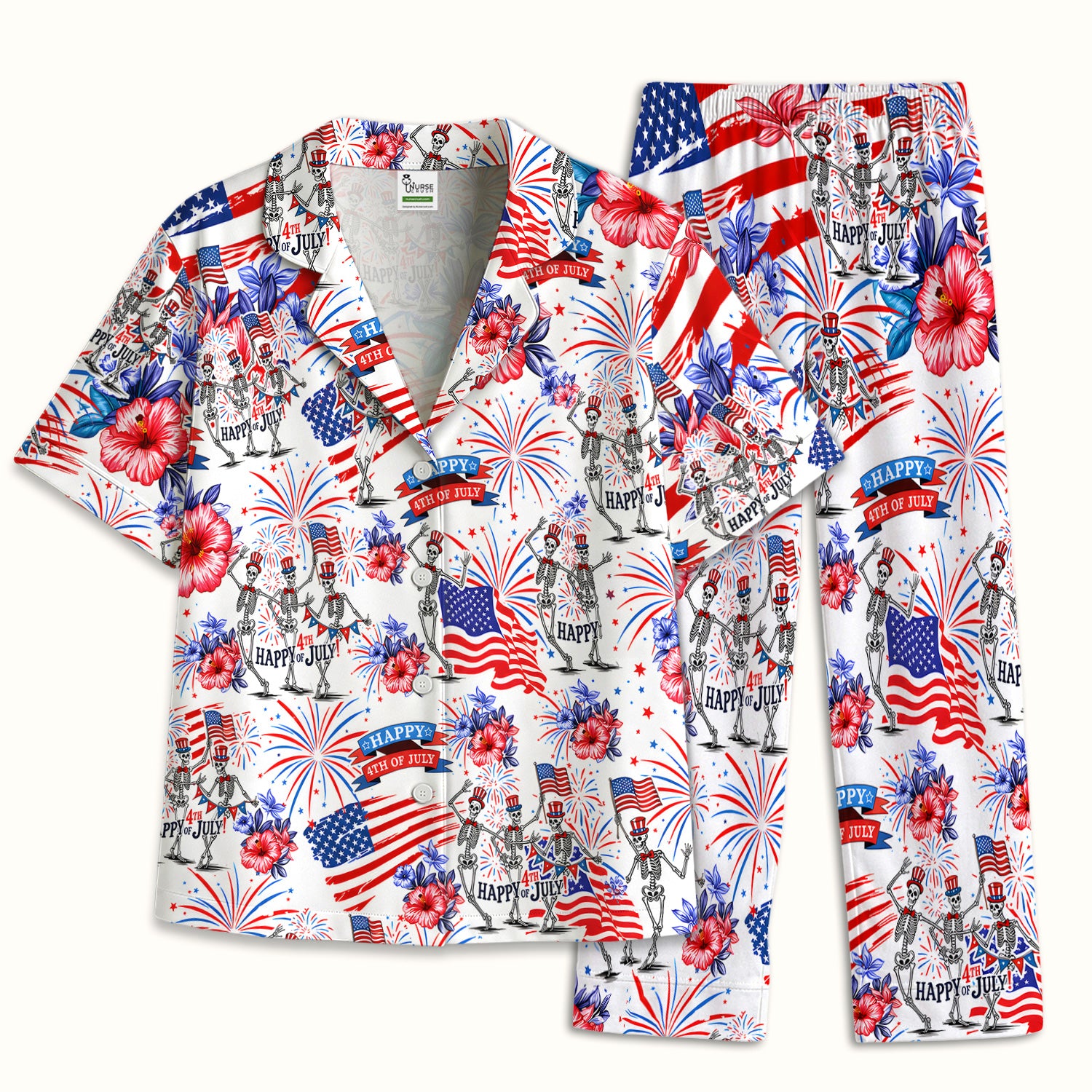 Funny 4th Of July Skeleton Nurse for RN & CNA, Patriotic Fireworks Medical Uniform Pajama Set, Soft Breathable Fabric Comfortable Sleepwear