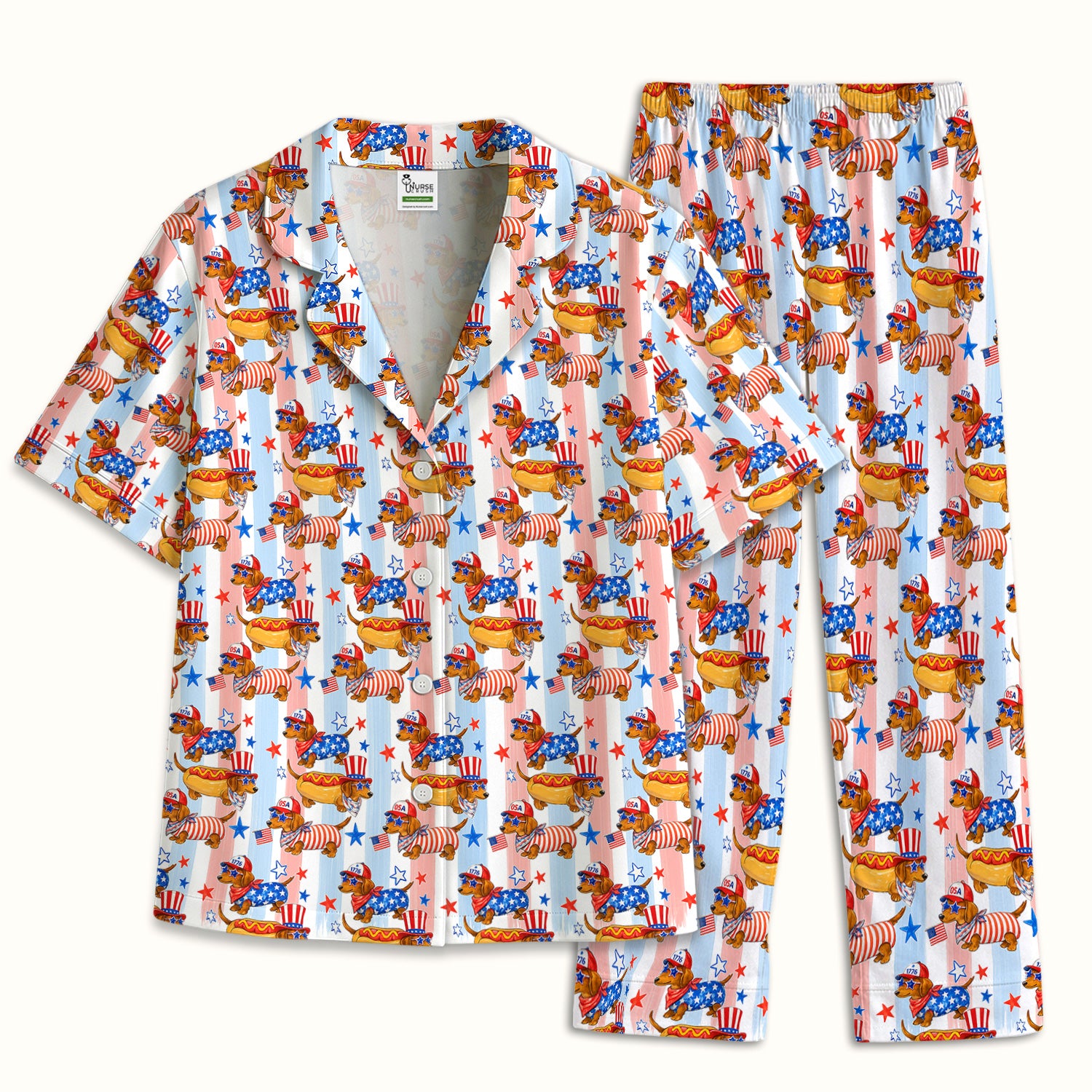 Fourth Of July Dachshund Pattern Pajama Set, Soft Breathable Fabric Comfortable Sleepwear