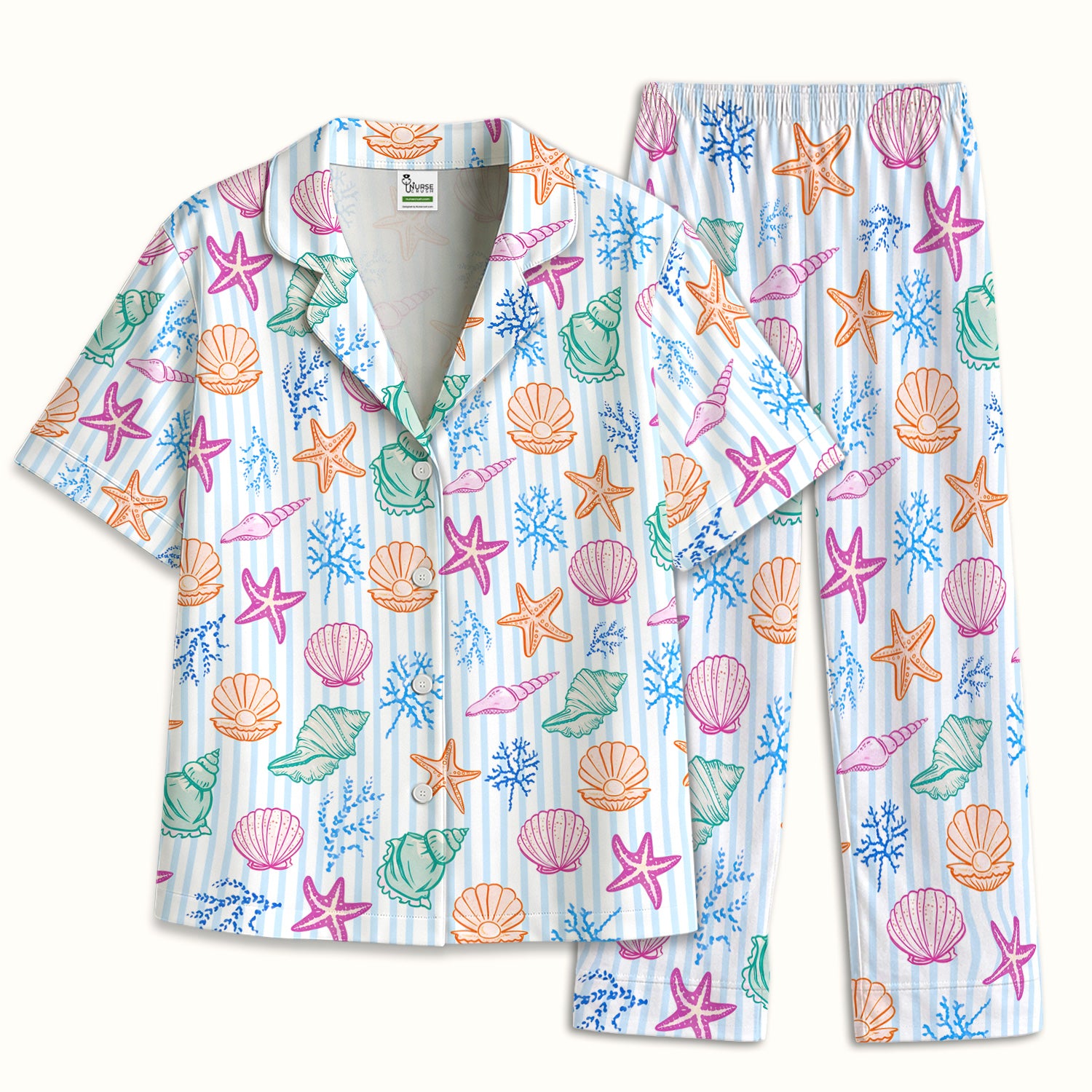 Colorful Seashell Starfish Ocean Stripe Pattern Pajama Set, Breathable Fabrics Uniform