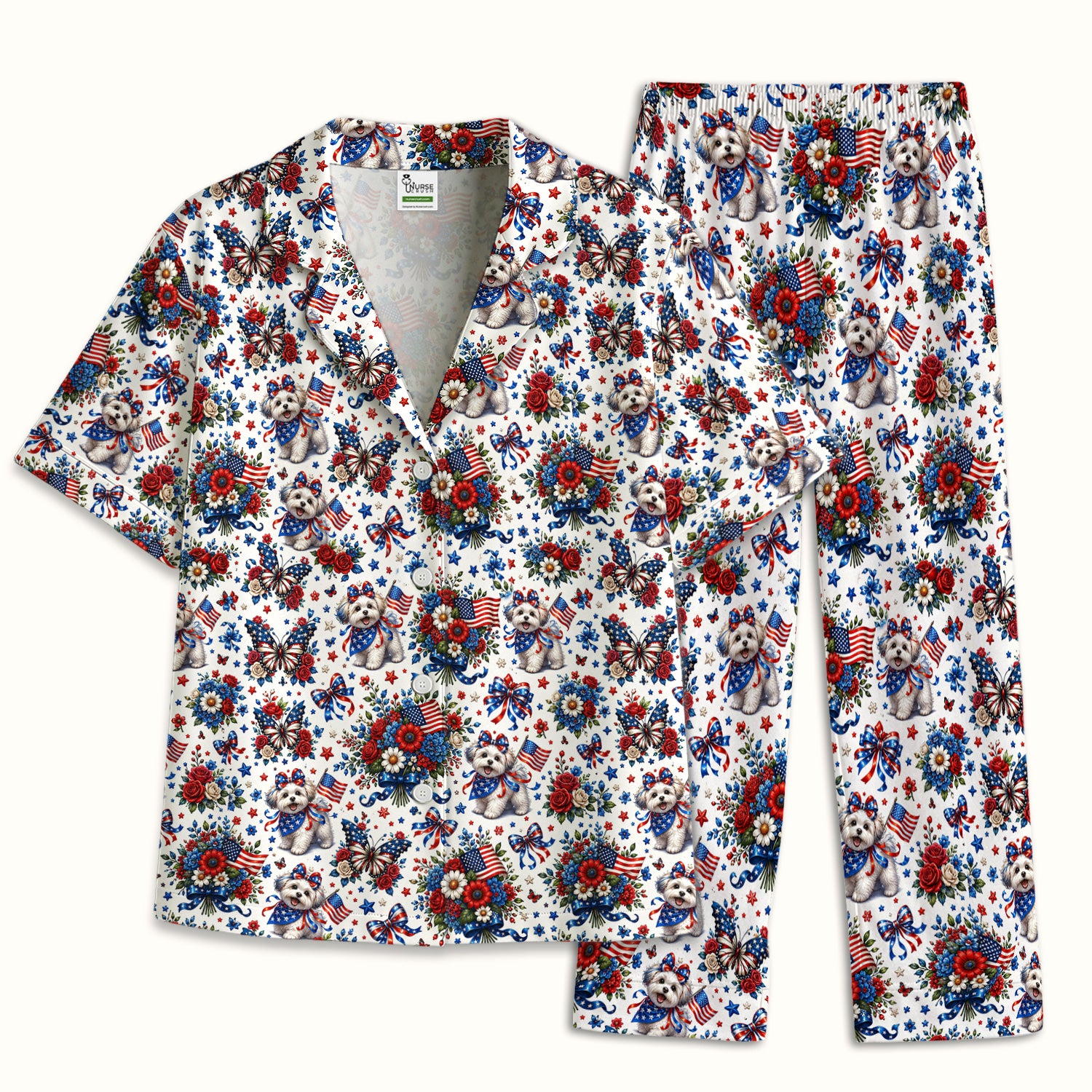 Patriotic Puppy Floral Bouquet Pattern Pajama Set, Soft Breathable Fabric Comfortable Sleepwear