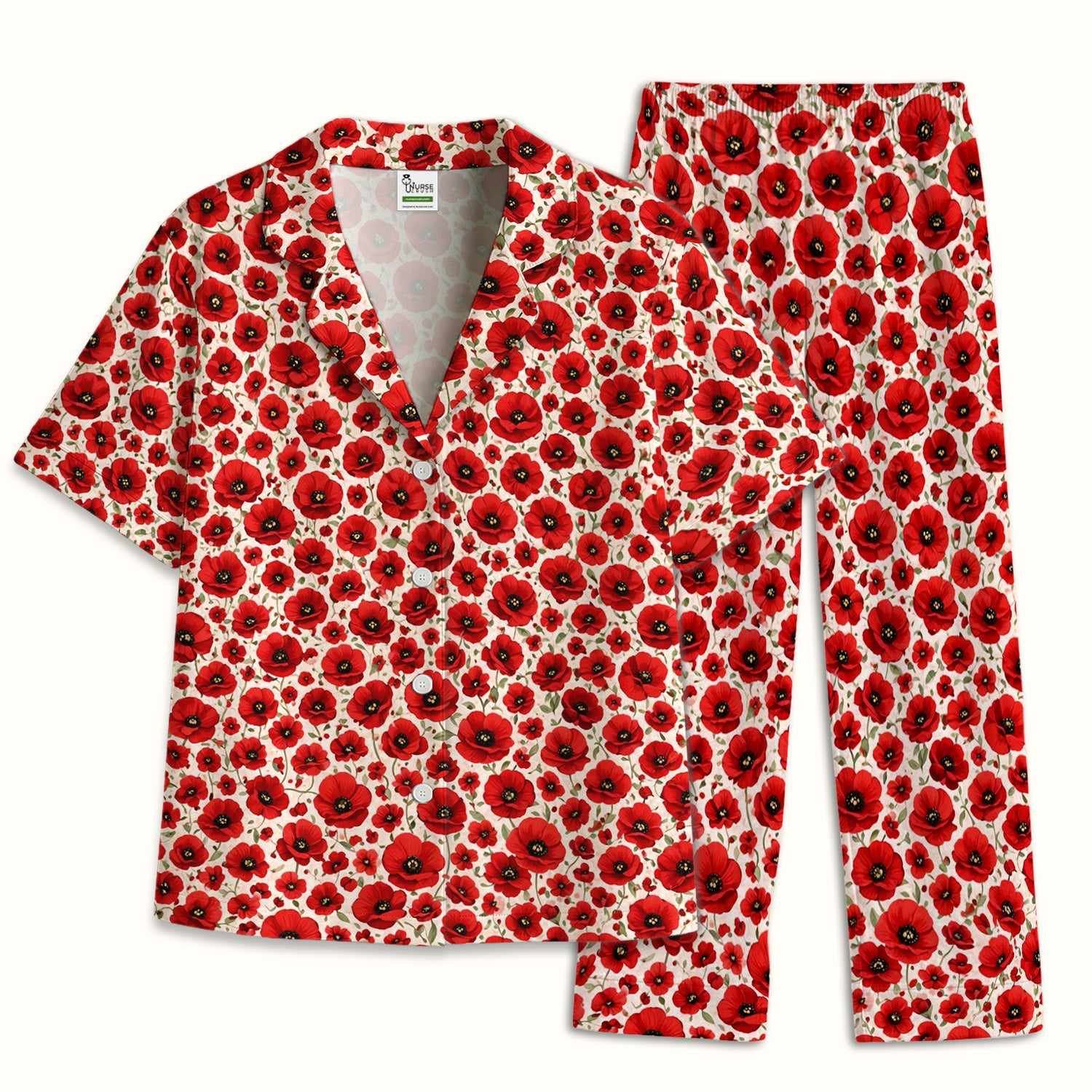 Pretty Red Poppy Flower Garden Pattern Pajama Set, Soft Breathable Fabric Comfortable Sleepwear