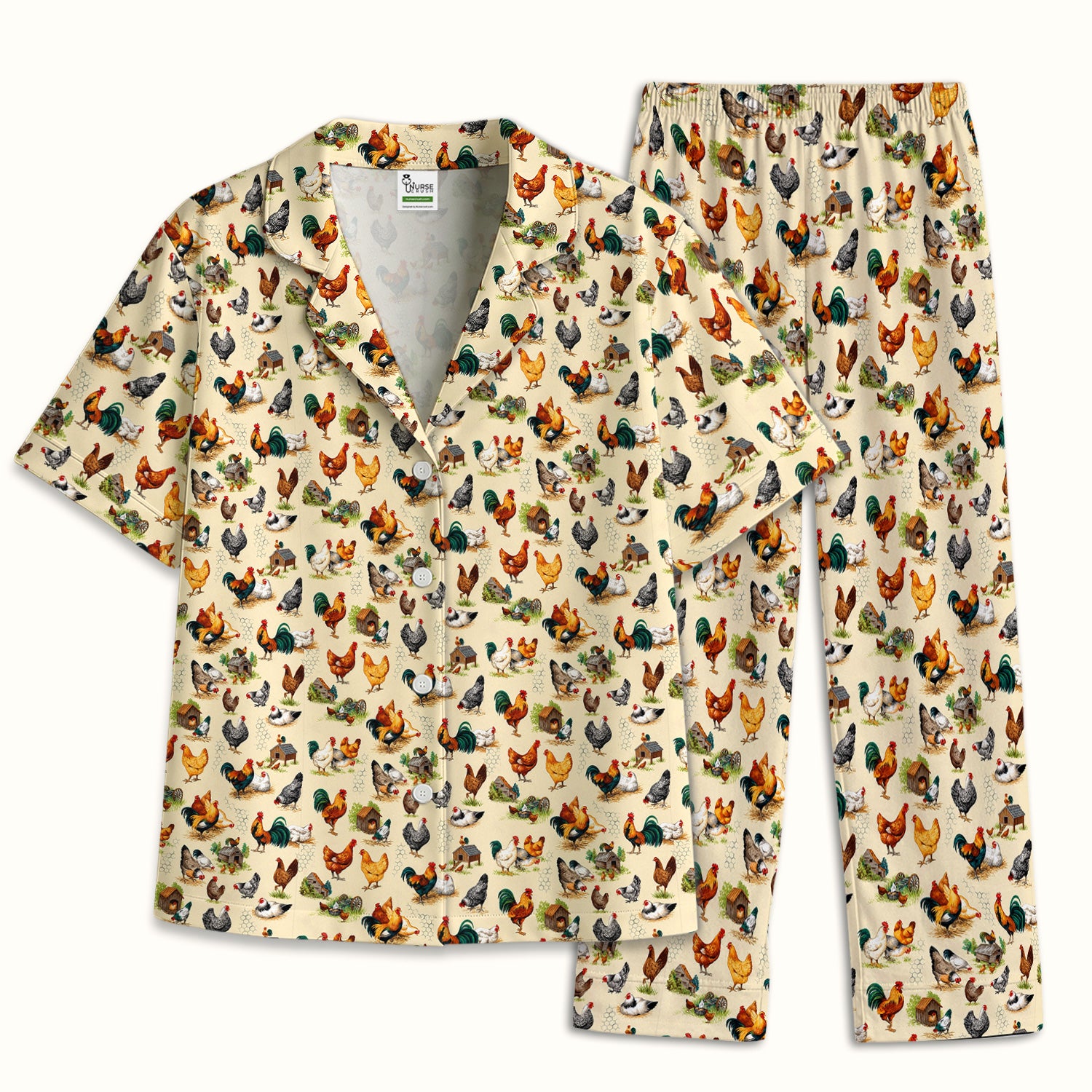 Farm Chicken Rooster Coop Pattern Pajama Set, Soft Breathable Fabric Comfortable Sleepwear