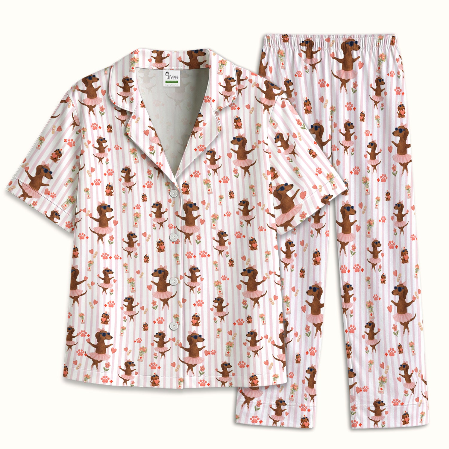 Cute Dachshund Dog Ballet Tutu Hearts Pattern Pajama Set, Soft Breathable Fabric Comfortable Sleepwear