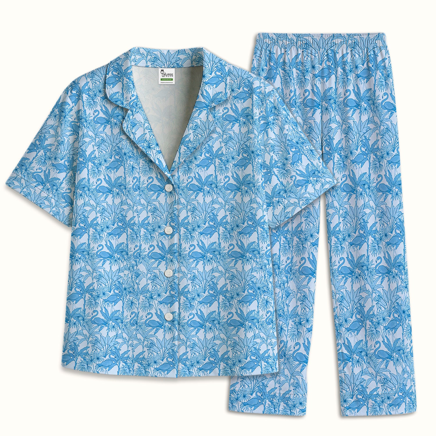 Tropical Flamingo Palm Leaves Pattern Pajama Set, Breathable Fabrics Uniform