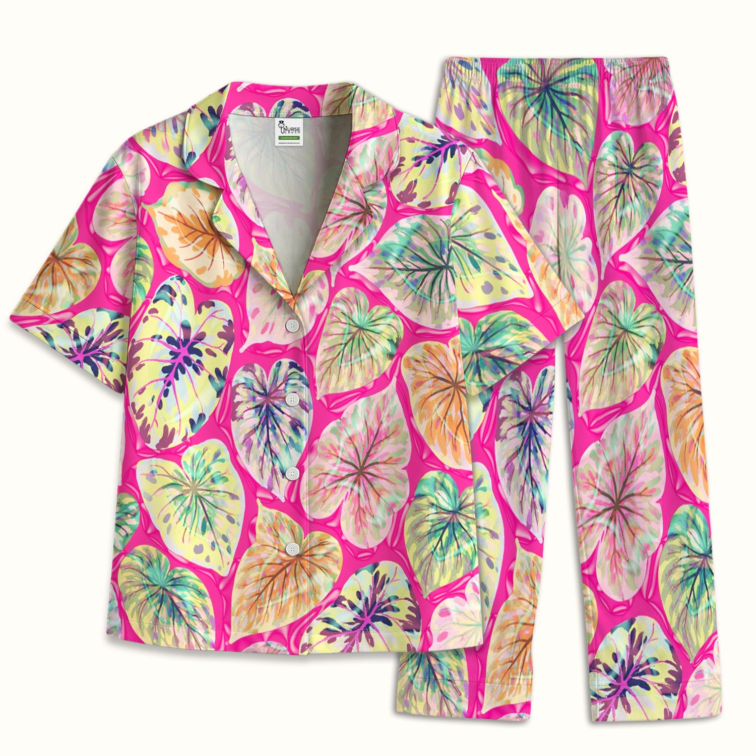 Tropical Colorful Shaped Leaf Nurse Pattern Pajama Set, Soft Breathable Fabric Comfortable Sleepwear