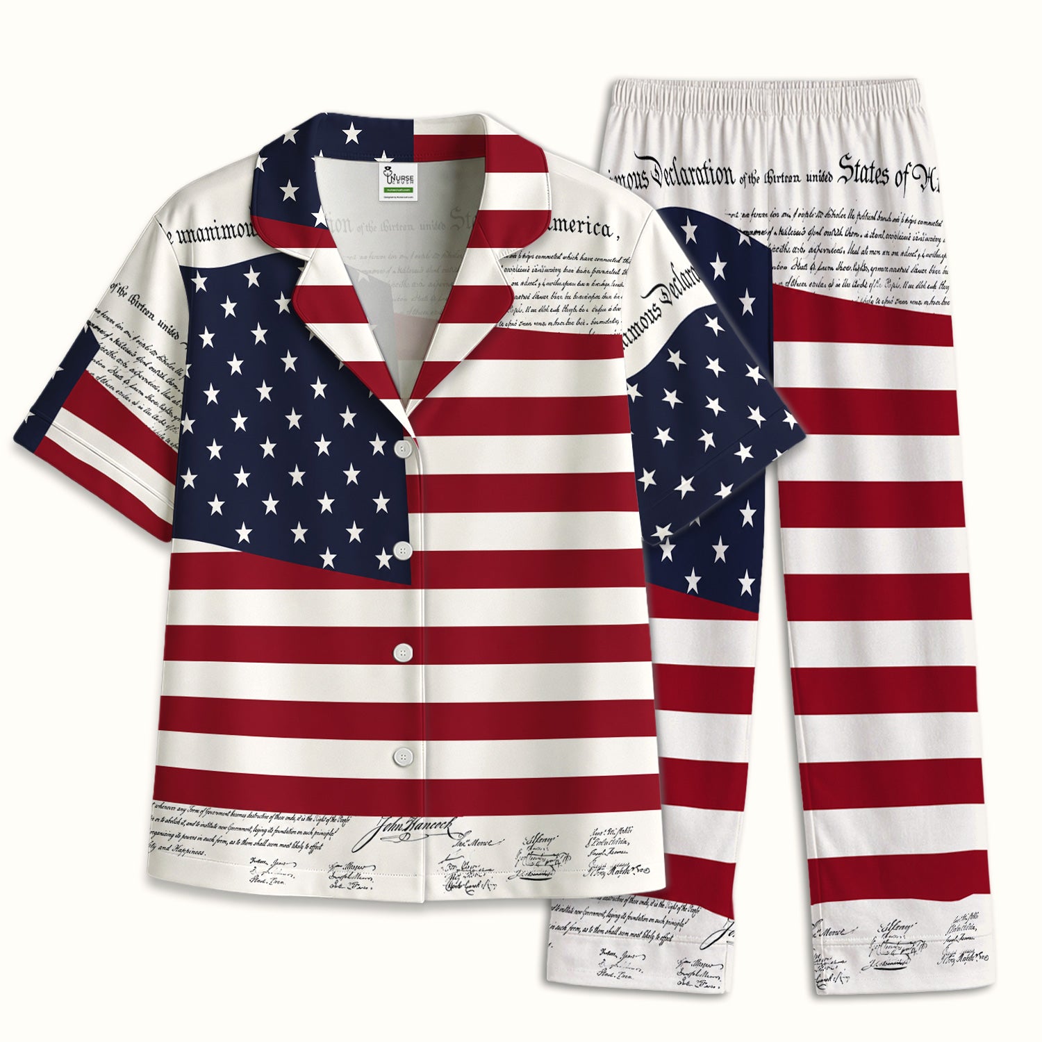Patriotic Nurse American Flag Pattern Pajama Set, Soft Breathable Fabric Comfortable Sleepwear