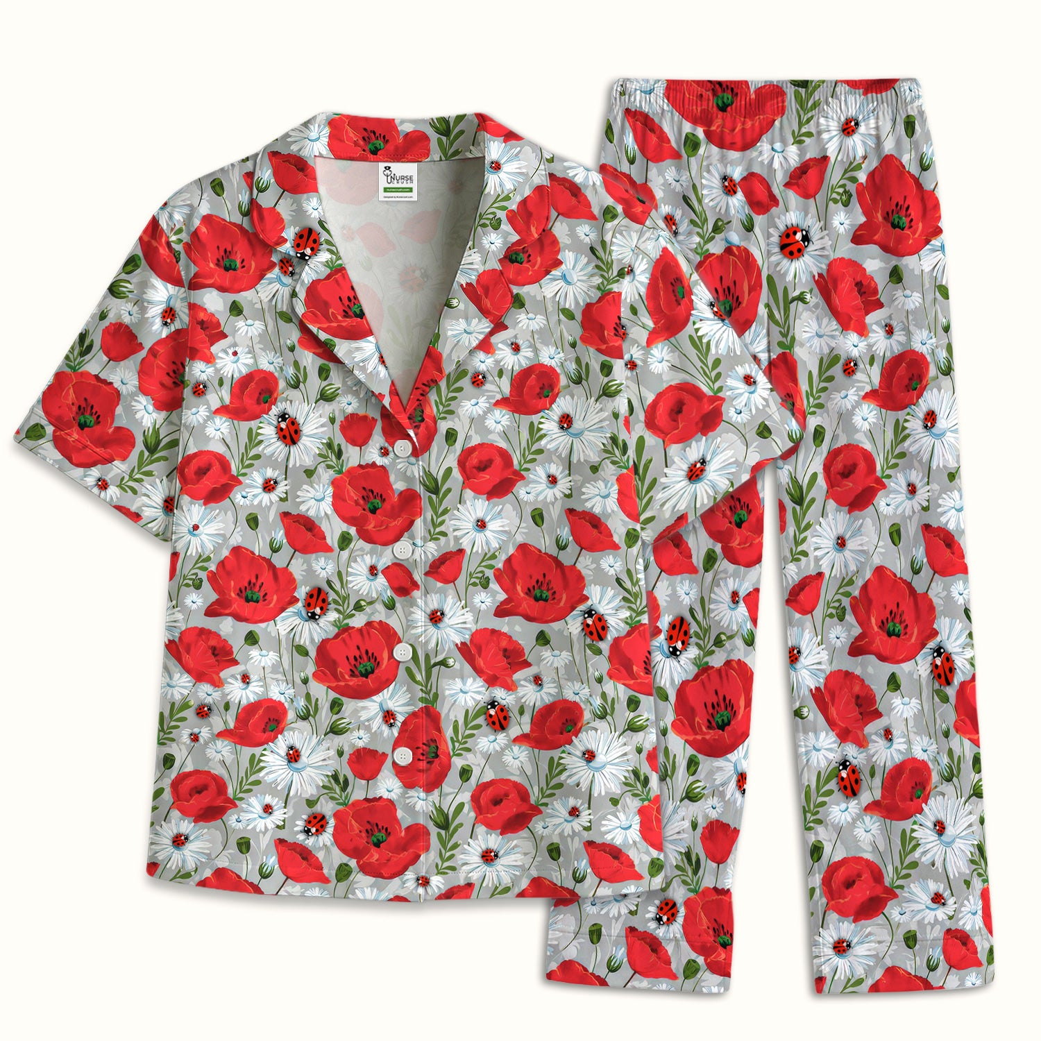 Cute Red Poppy Daisy Ladybug Floral Print Pajama Set, Soft Breathable Fabric Comfortable Sleepwear