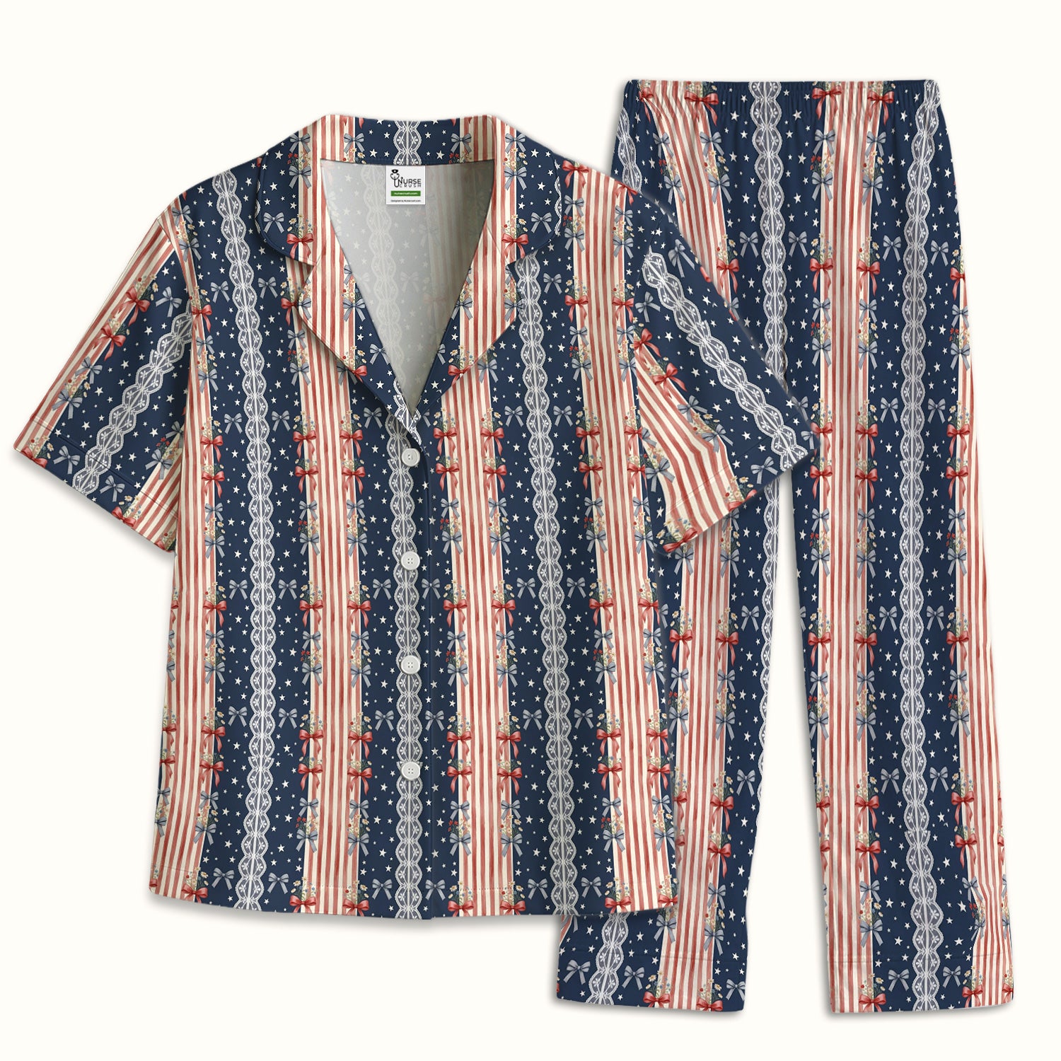 Patriotic Bow Lace Stripe Pattern Pajama Set, Soft Breathable Fabric Comfortable Sleepwear