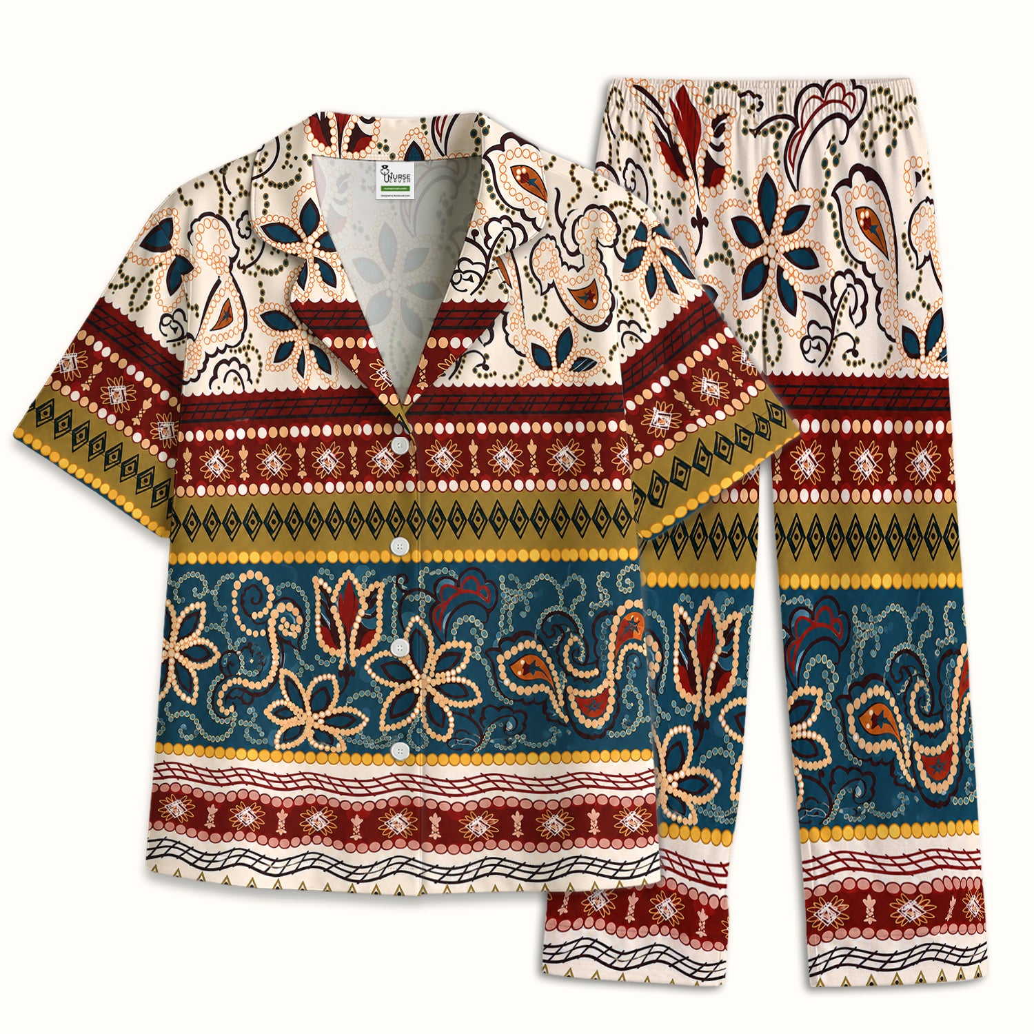 Boho Paisley Floral Stripe Pattern Pajama Set, Soft Breathable Fabric Comfortable Sleepwear