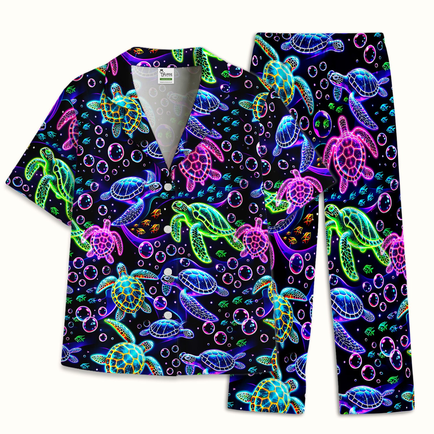 Neon Sea Turtle Swimming Bubble Ocean Pajama Set, Breathable Fabrics Uniform