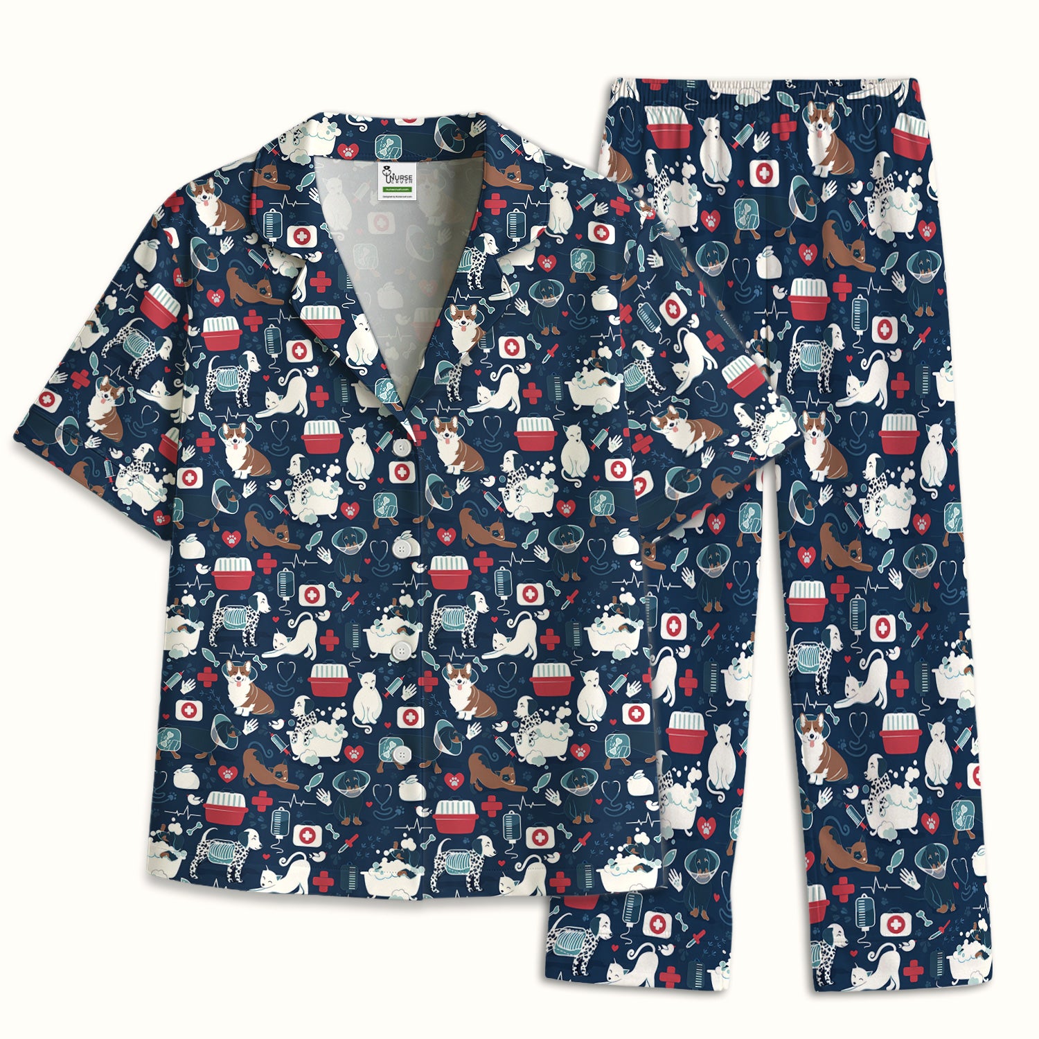 Dogs With Veterinary Tools And Paw Print Pajama Set, Breathable Fabrics Uniform