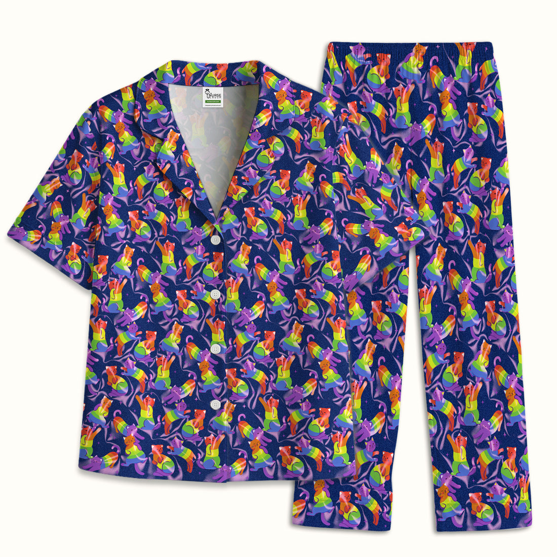 Rainbow Pride Cat Pattern Pajama Set, Breathable Fabrics Uniform