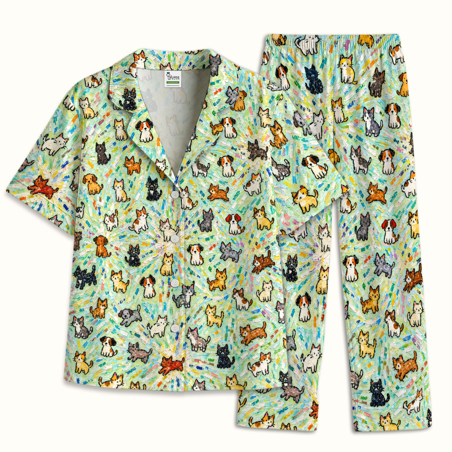 Colorful Cats Dogs Doodle Pattern Pajama Set, Soft Breathable Fabric Comfortable Sleepwear