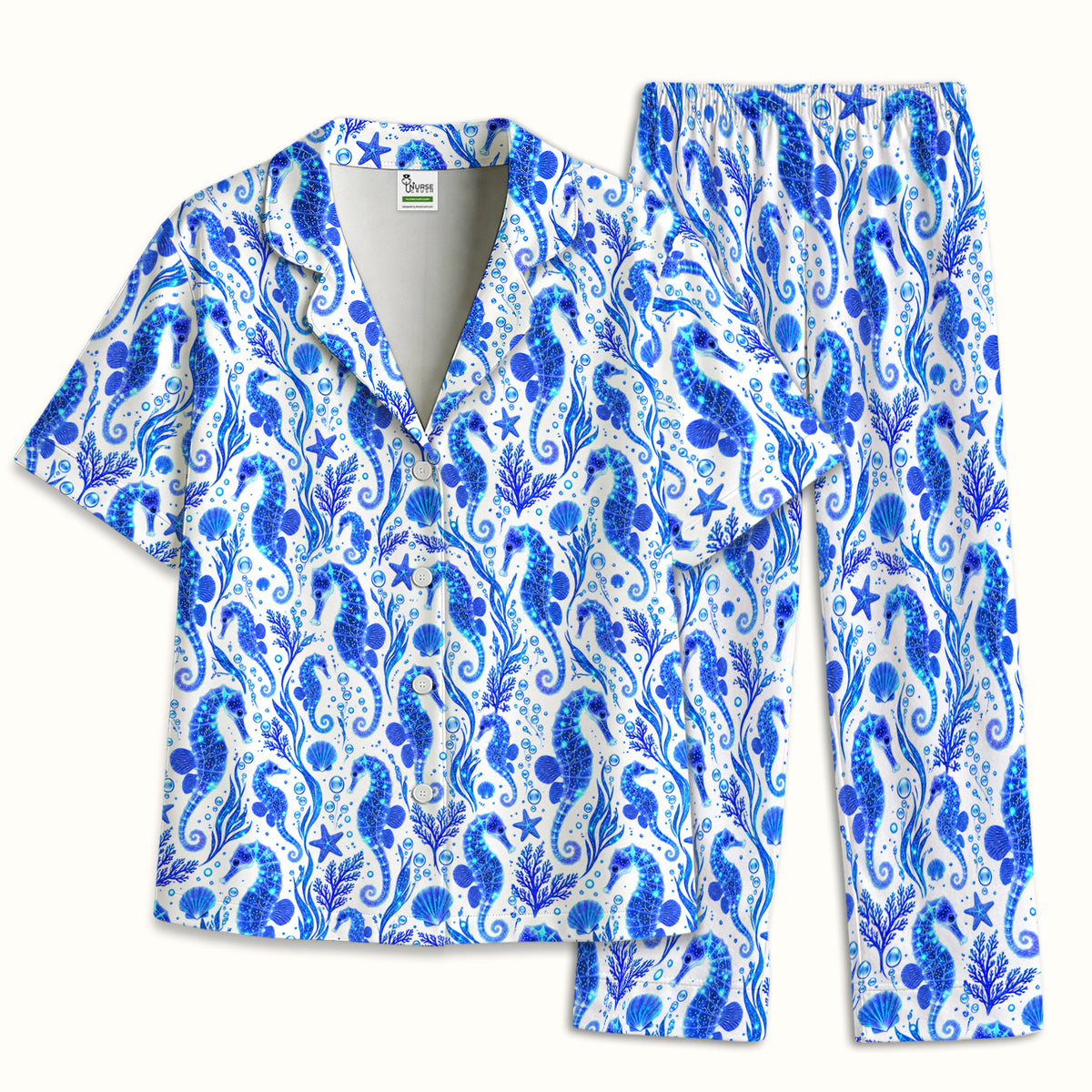 Blue Ocean Seahorse Pattern Pajama Set, Soft Breathable Fabric Comfortable Sleepwear