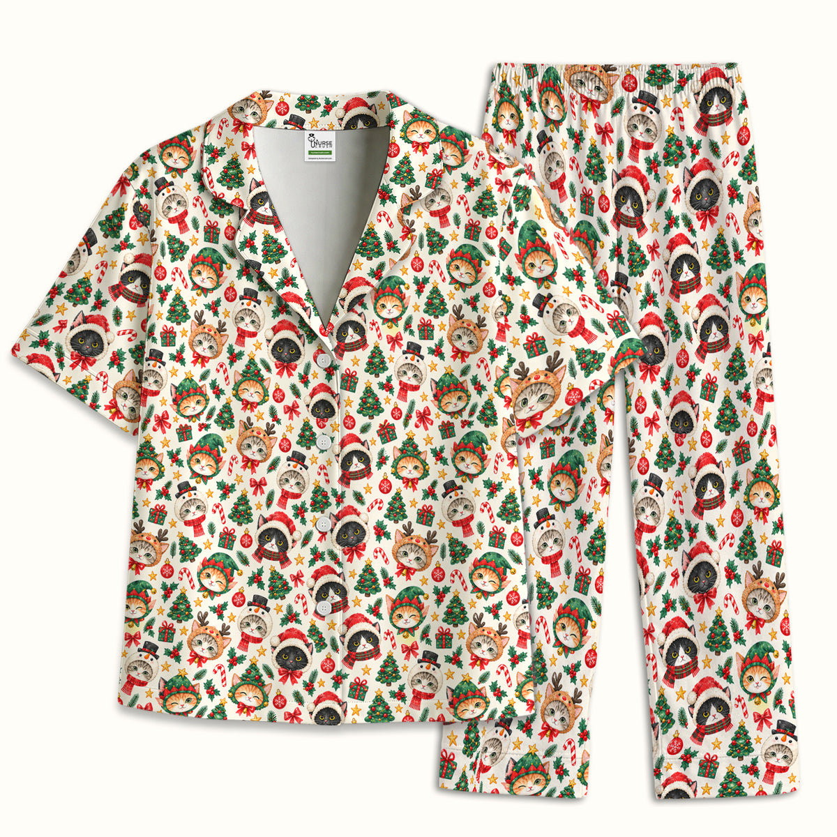 Christmas Cats And Trees Pattern Pajama Set, Breathable Fabrics Uniform