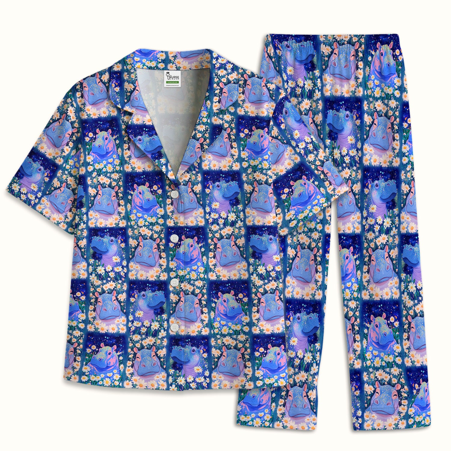 Cute Hippo Daisy Floral Patchwork Pajama Set, Breathable Fabrics Uniform