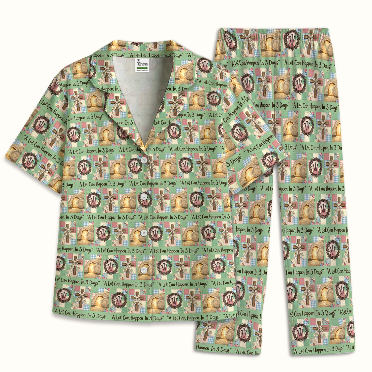 Christian Easter Cross Print Pajama Set, Breathable Fabrics Uniform