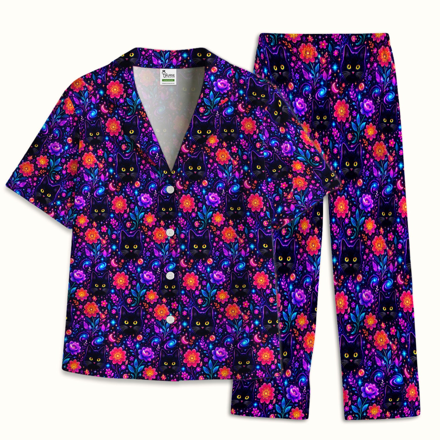 Galaxy Black Cat Floral Pattern Pajama Set, Soft Breathable Fabric Comfortable Sleepwear