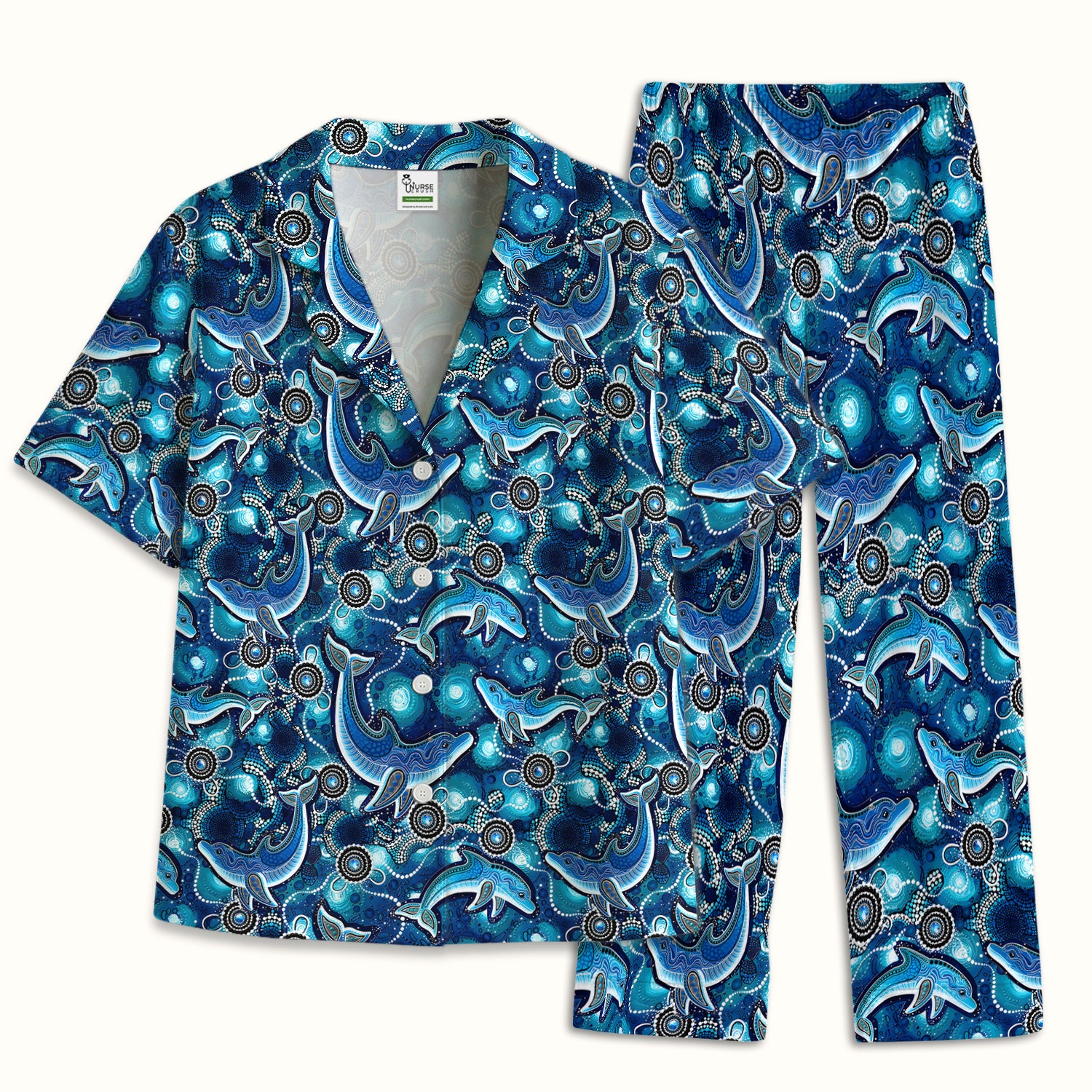 Ocean Dolphin Aboriginal Dot Print Pajama Set, Soft Breathable Fabric Comfortable Sleepwear