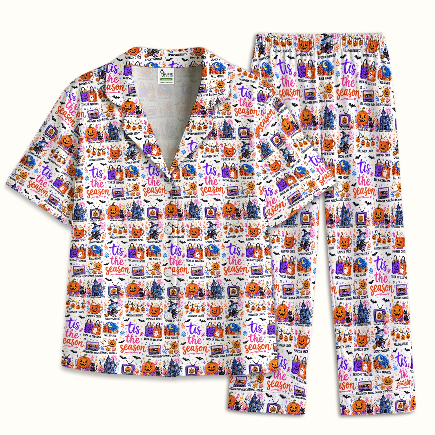 Pumpkin Ghost Spooky Season Print Pajama Set, Soft Breathable Fabric Comfortable Sleepwear