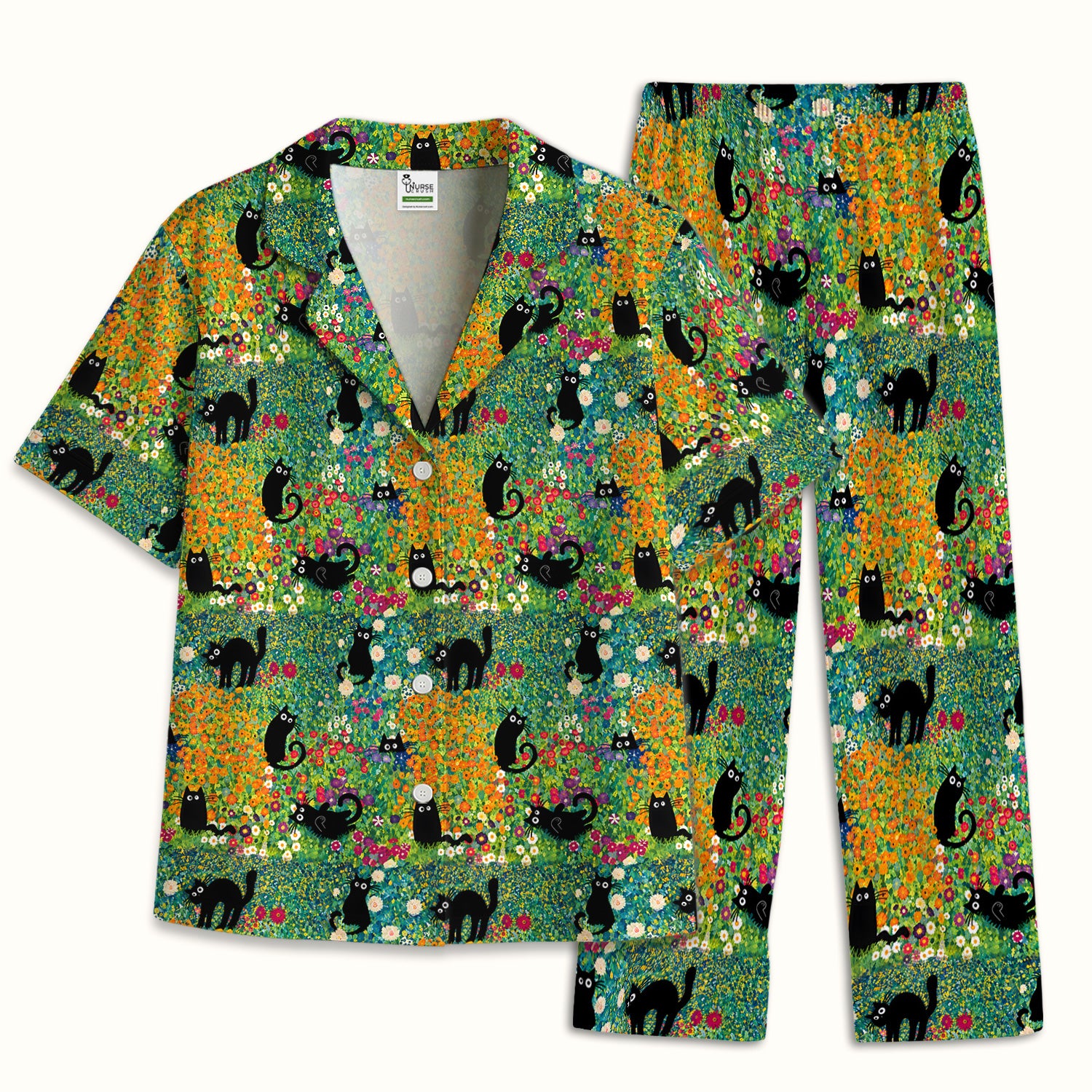 Black Cat Flower Garden Pattern Pajama Set, Soft Breathable Fabric Comfortable Sleepwear