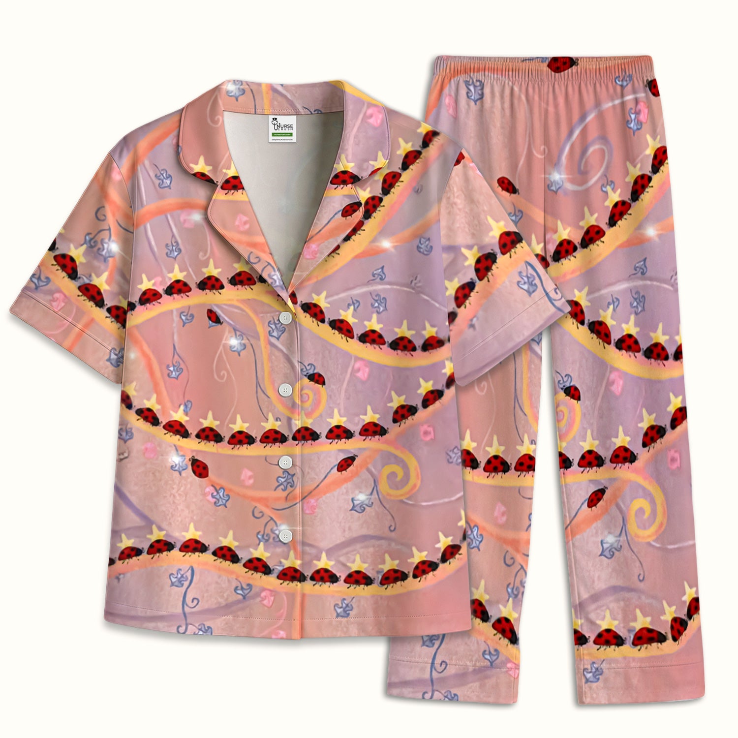 Cute Ladybug Star Vine Swirl Pattern Pajama Set, Soft Breathable Fabric Comfortable Sleepwear