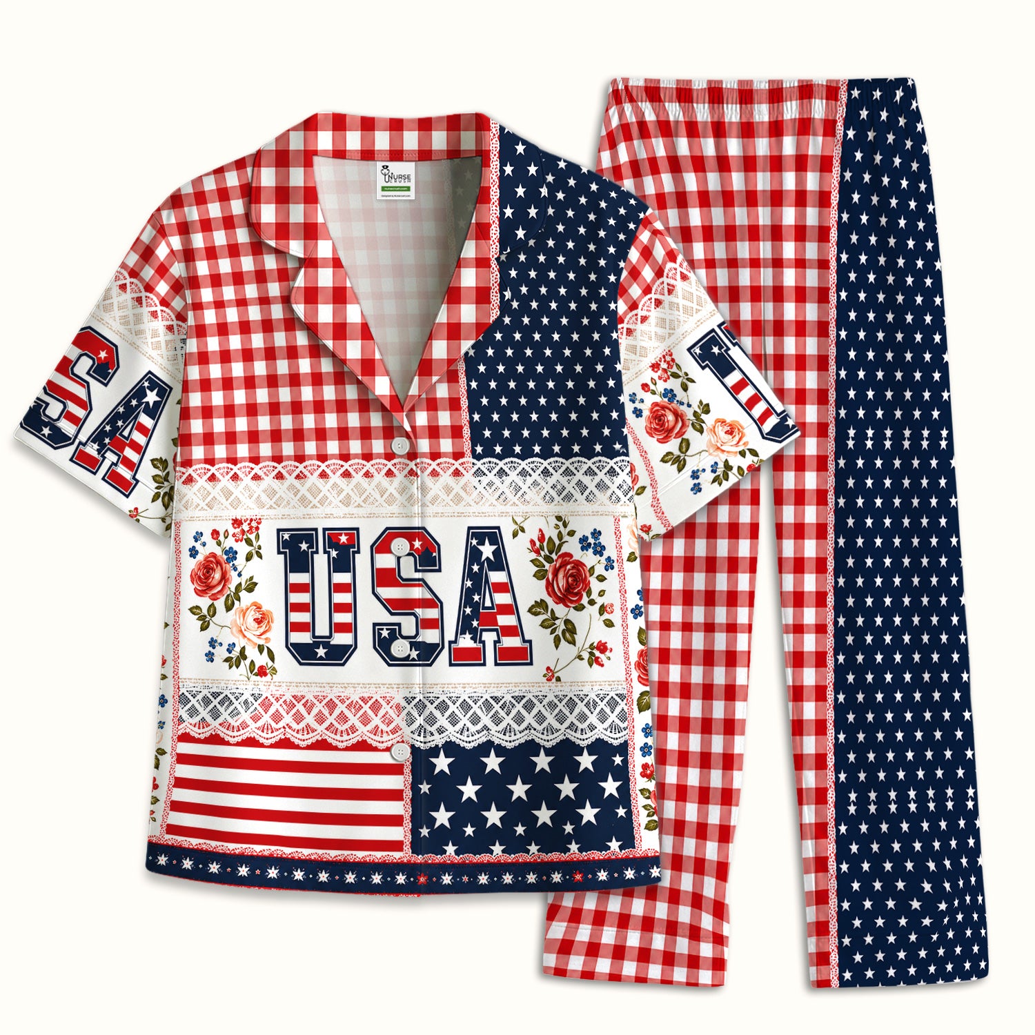 Patriotic Patchwork with USA Flag Pattern Pajama Set, Soft Breathable Fabric Comfortable Sleepwear