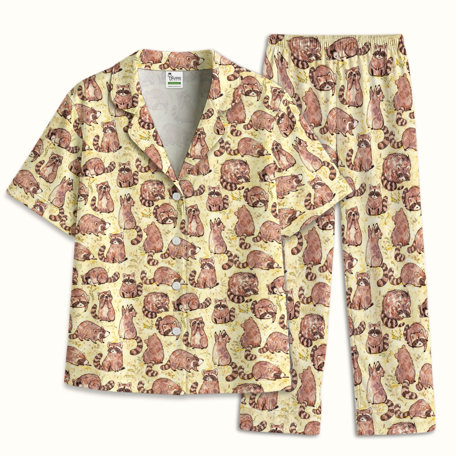 Cute Raccoon Woodland Pattern Pajama Set, Breathable Fabrics Uniform