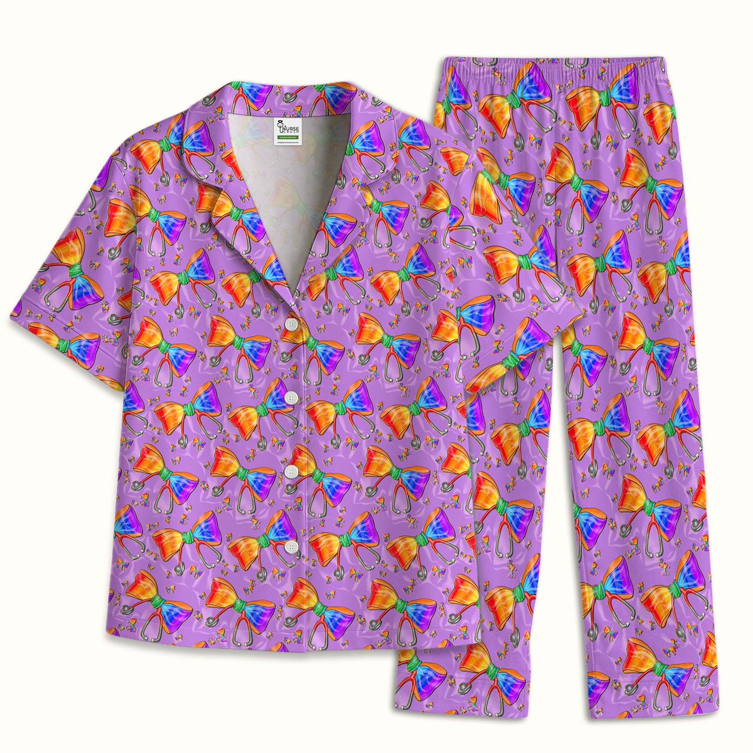 Colorful Rainbow Bow Stethoscope Pattern Pajama Set, Breathable Fabrics Uniform