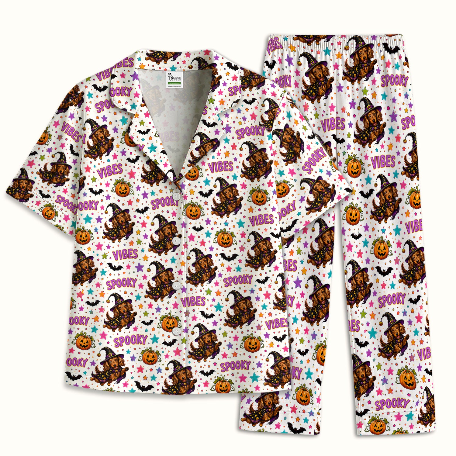 Spooky Dachshund Vibes Print Pajama Set, Soft Breathable Fabric Comfortable Sleepwear
