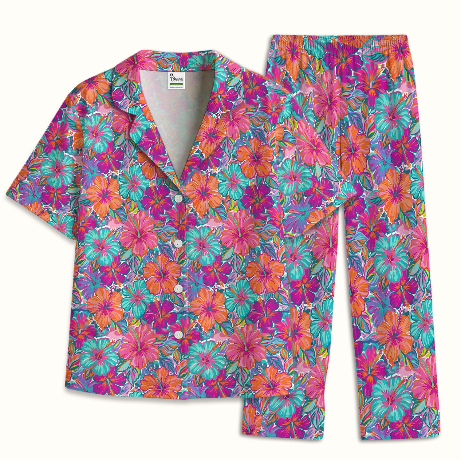 Vibrant Hibiscus Tropical Floral Pattern Pajama Set, Soft Breathable Fabric Comfortable Sleepwear
