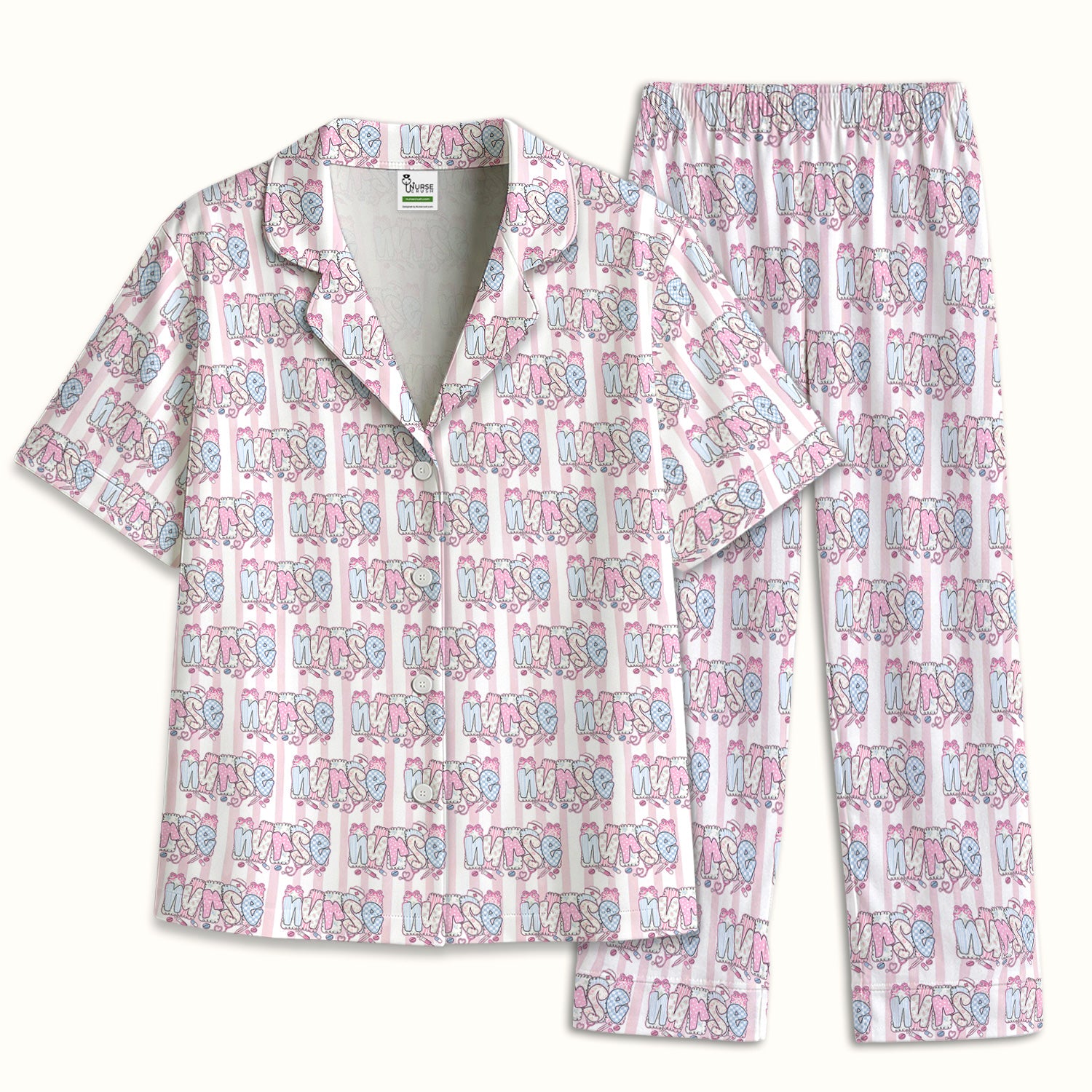 Cute Pastel Nurse Pattern Pajama Set, Breathable Fabrics Uniform