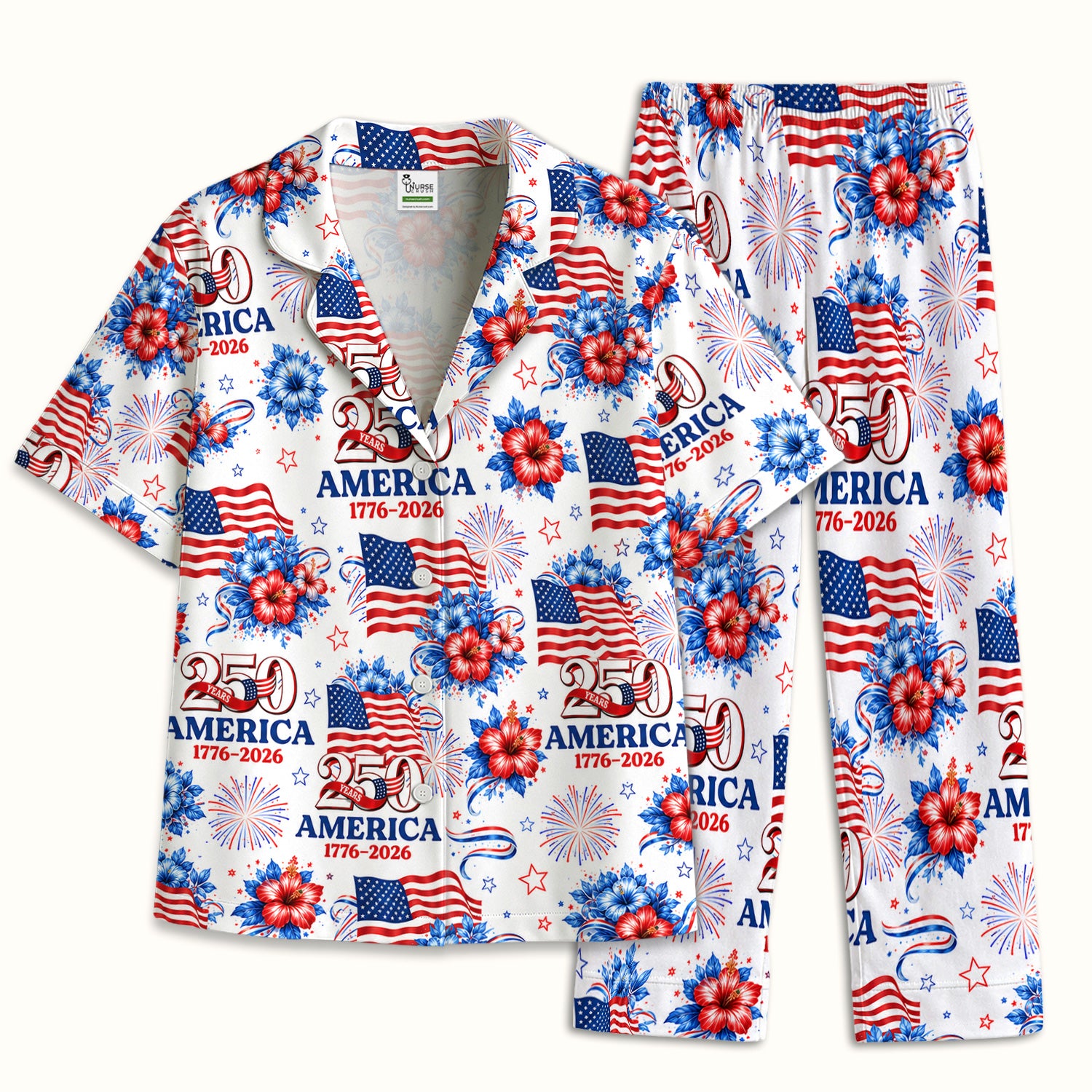 America 250 with Flag Firework Pattern Pajama Set, Soft Breathable Fabric Comfortable Sleepwear