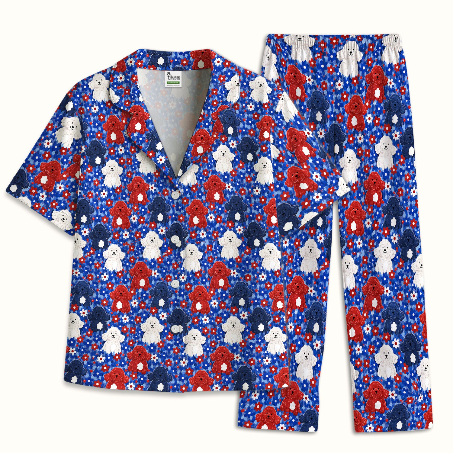 Cute Poodle Floral Garden Print Pajama Set, Soft Breathable Fabric Comfortable Sleepwear