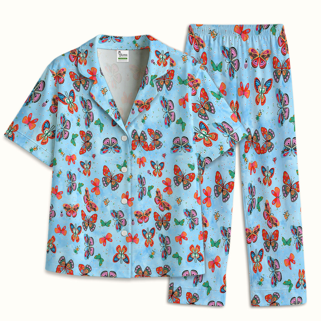 Colorful Butterfly Garden Pattern Pajama Set, Soft Breathable Fabric Comfortable Sleepwear