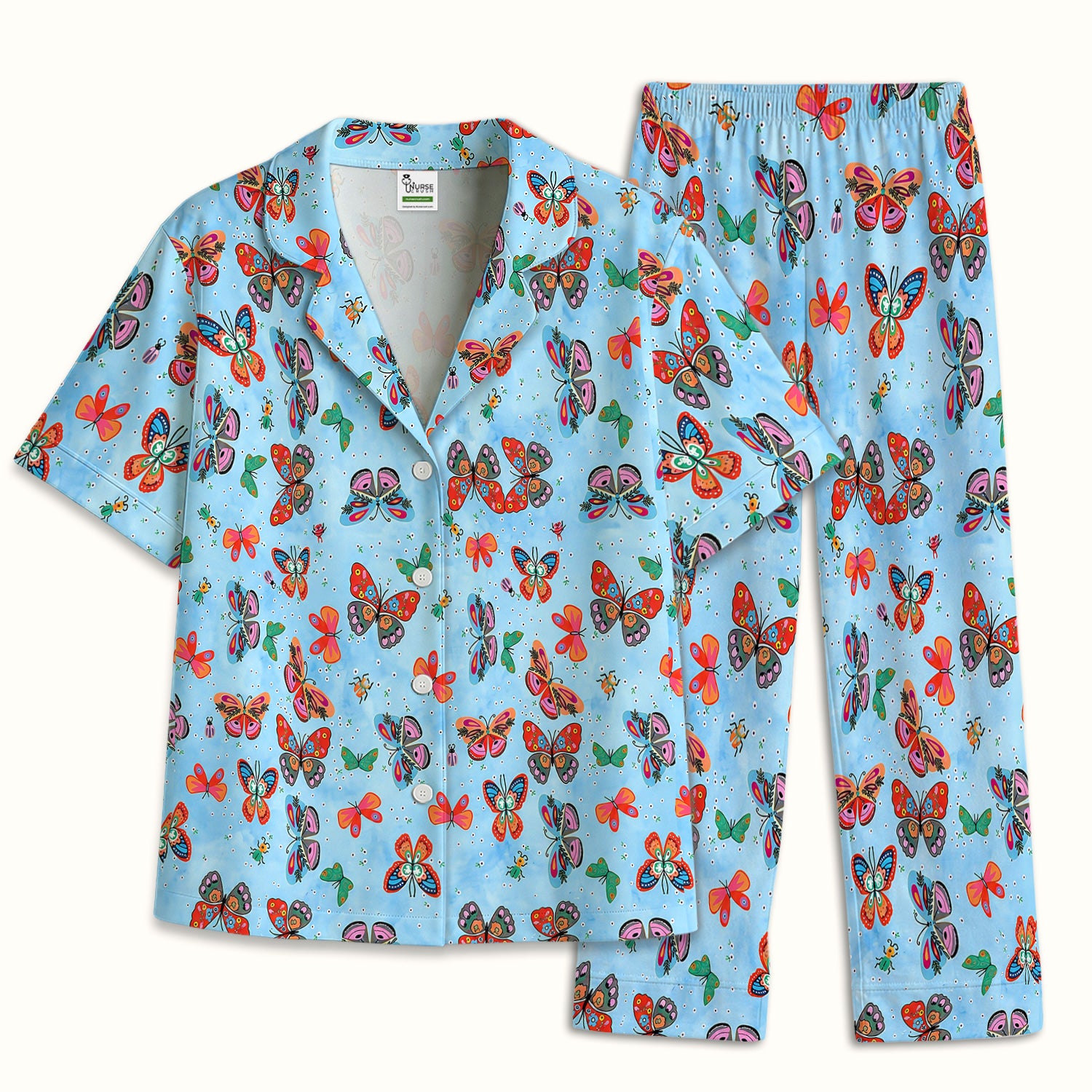 Colorful Butterfly Garden Pattern Pajama Set, Soft Breathable Fabric Comfortable Sleepwear