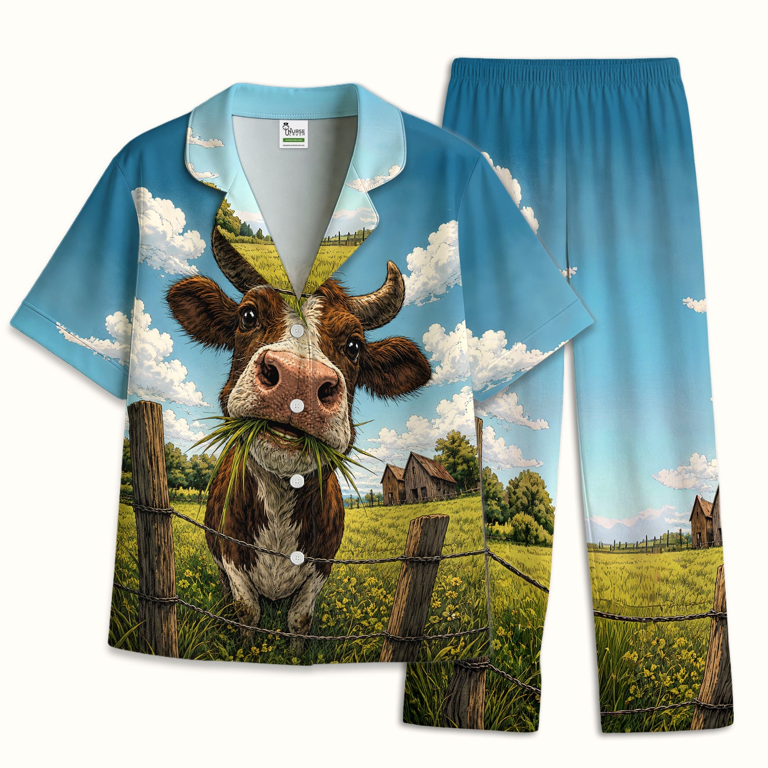Curious Highland Cow Farm Scene Pajama Set, Soft Breathable Fabric Comfortable Sleepwear