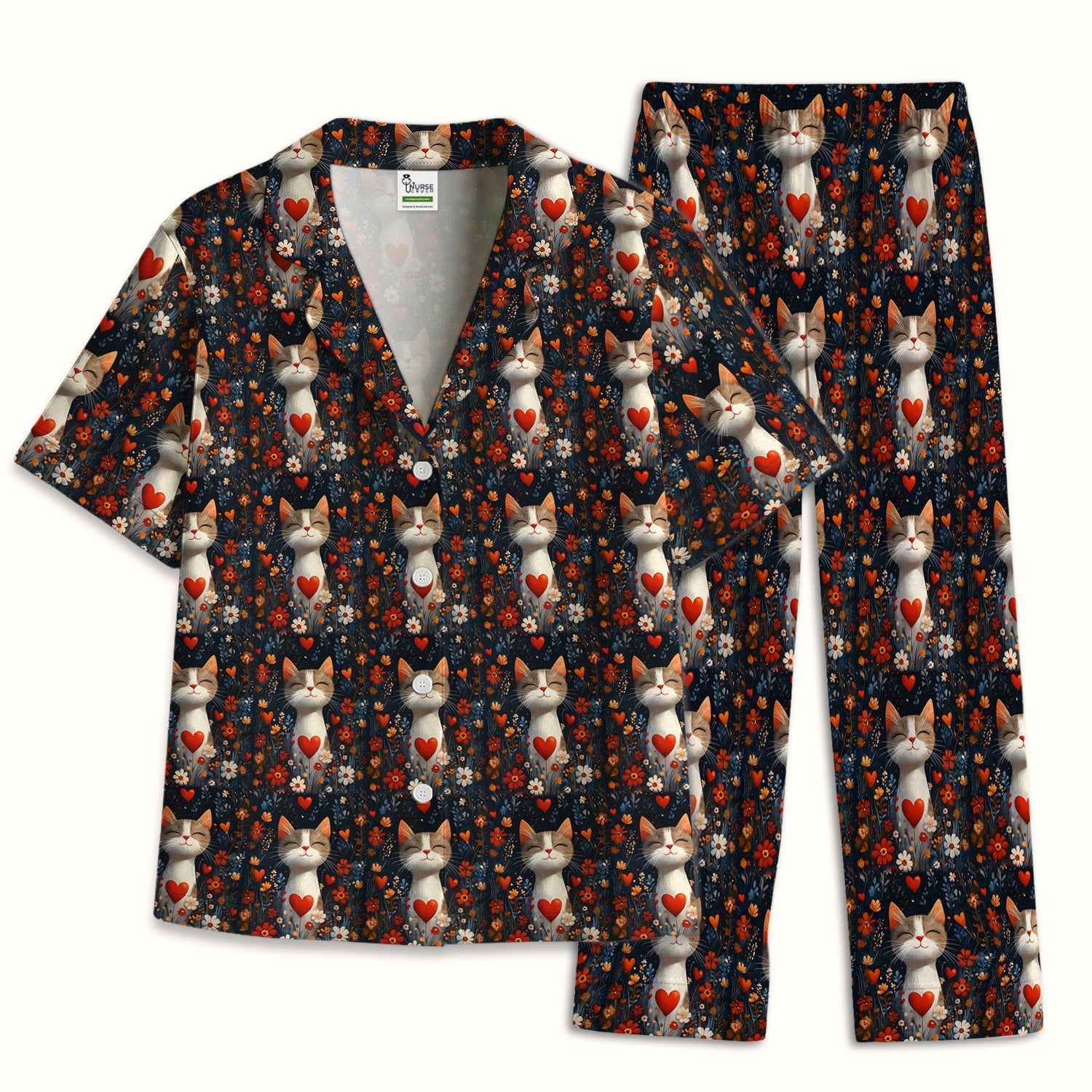 Cat Heart Floral Garden Pattern Pajama Set, Breathable Fabrics Uniform