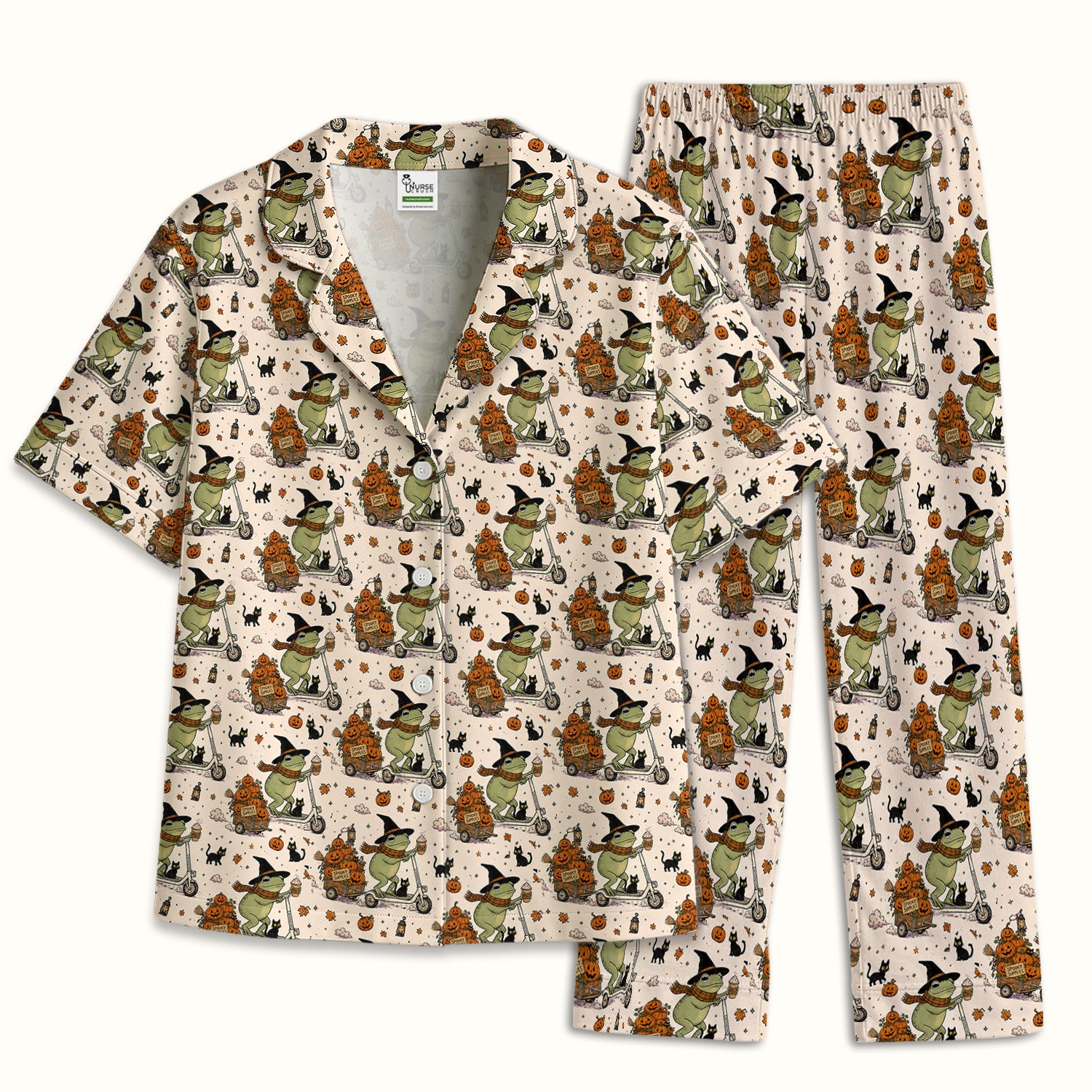 Cute Halloween Witch Frog And Pumpkins Pajama Set, Soft Breathable Fabric Comfortable Sleepwear
