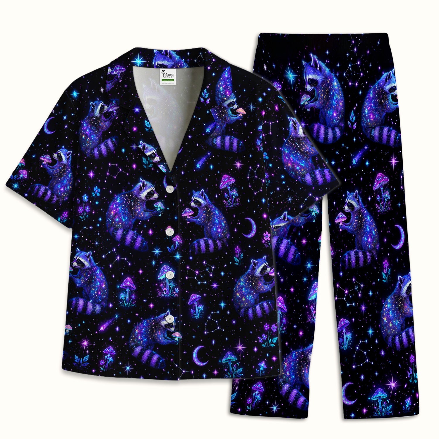 Galaxy Raccoon With Mushroom Night Pajama Set, Soft Breathable Fabric Comfortable Sleepwear