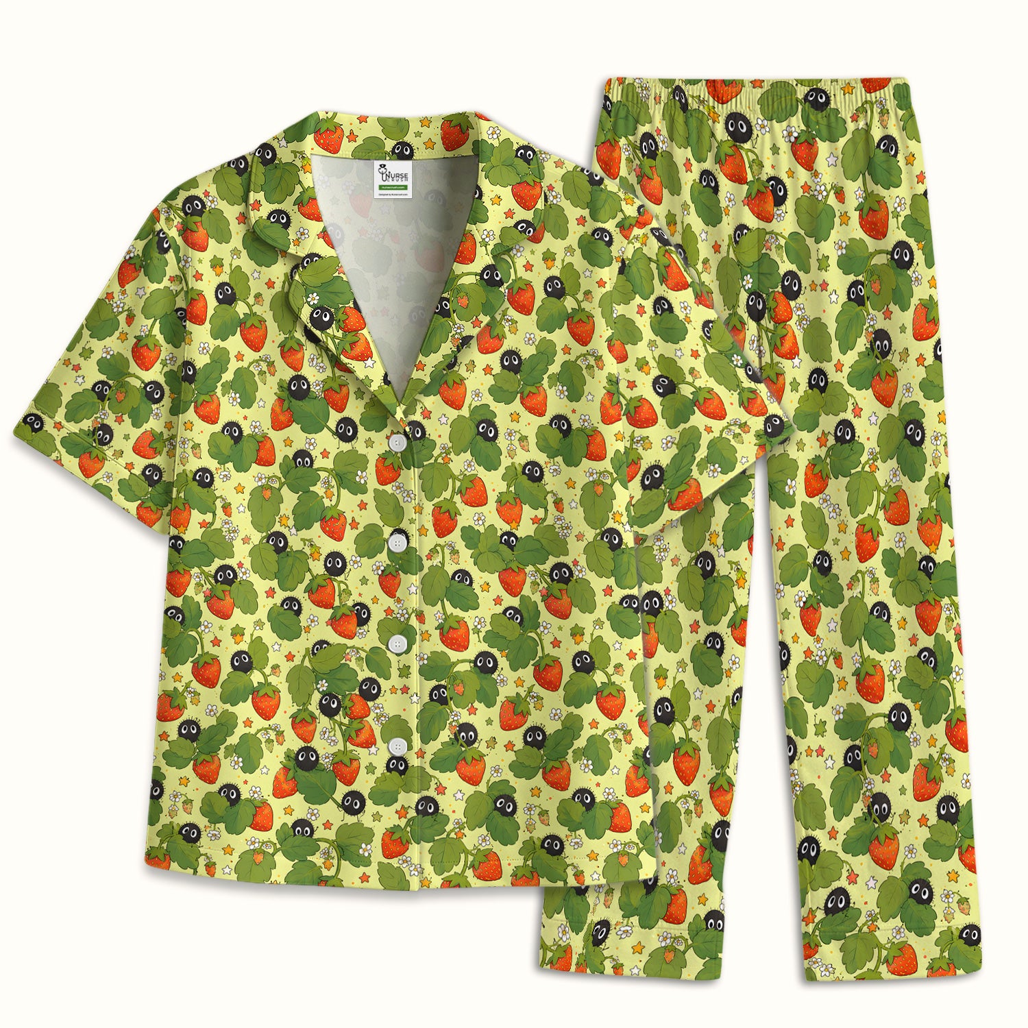 Cute Strawberry Soot Sprite Pattern Pajama Set, Soft Breathable Fabric Comfortable Sleepwear