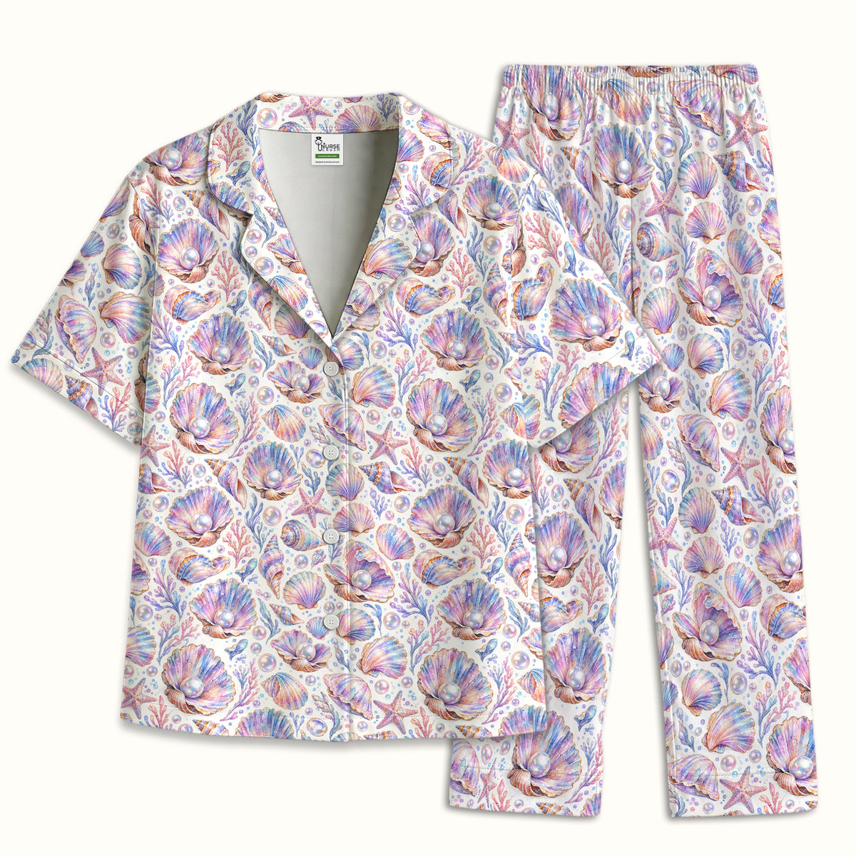 Pastel Seashell And Pearl Pattern Pajama Set, Soft Breathable Fabric Comfortable Sleepwear