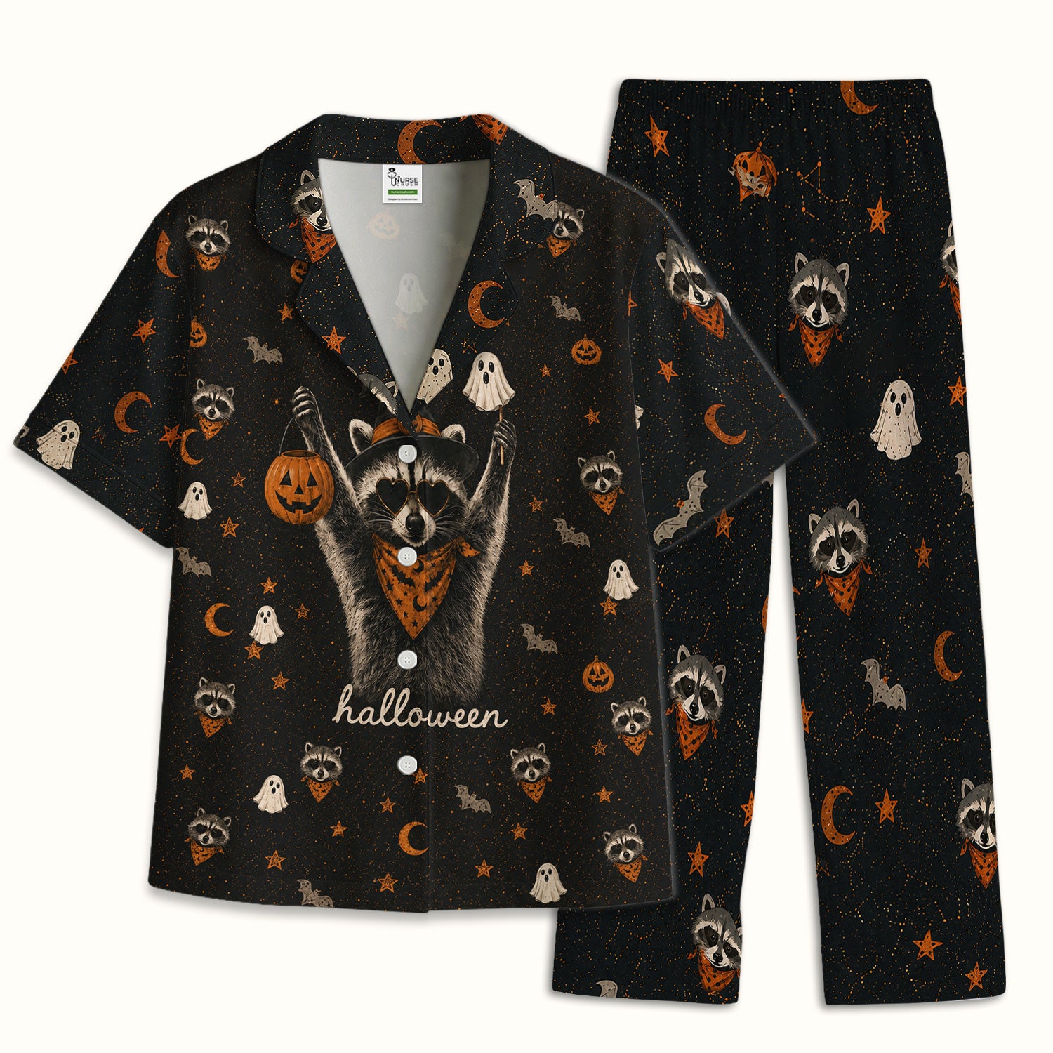 Ghost Pumpkin Raccoon Pattern Pajama Set, Soft Breathable Fabric Comfortable Sleepwear