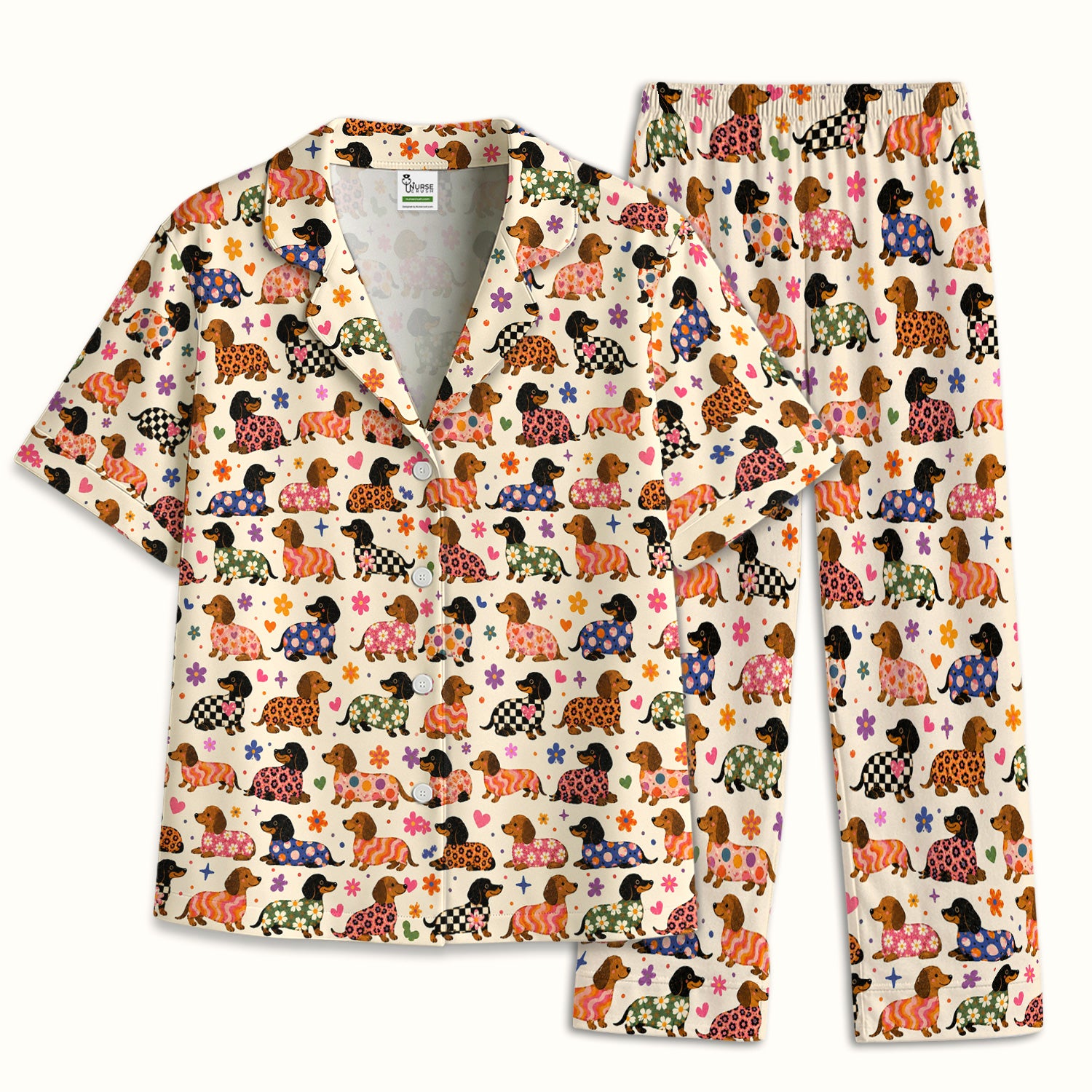 Floral Dachshund Print Pajama Set, Soft Breathable Fabric Comfortable Sleepwear