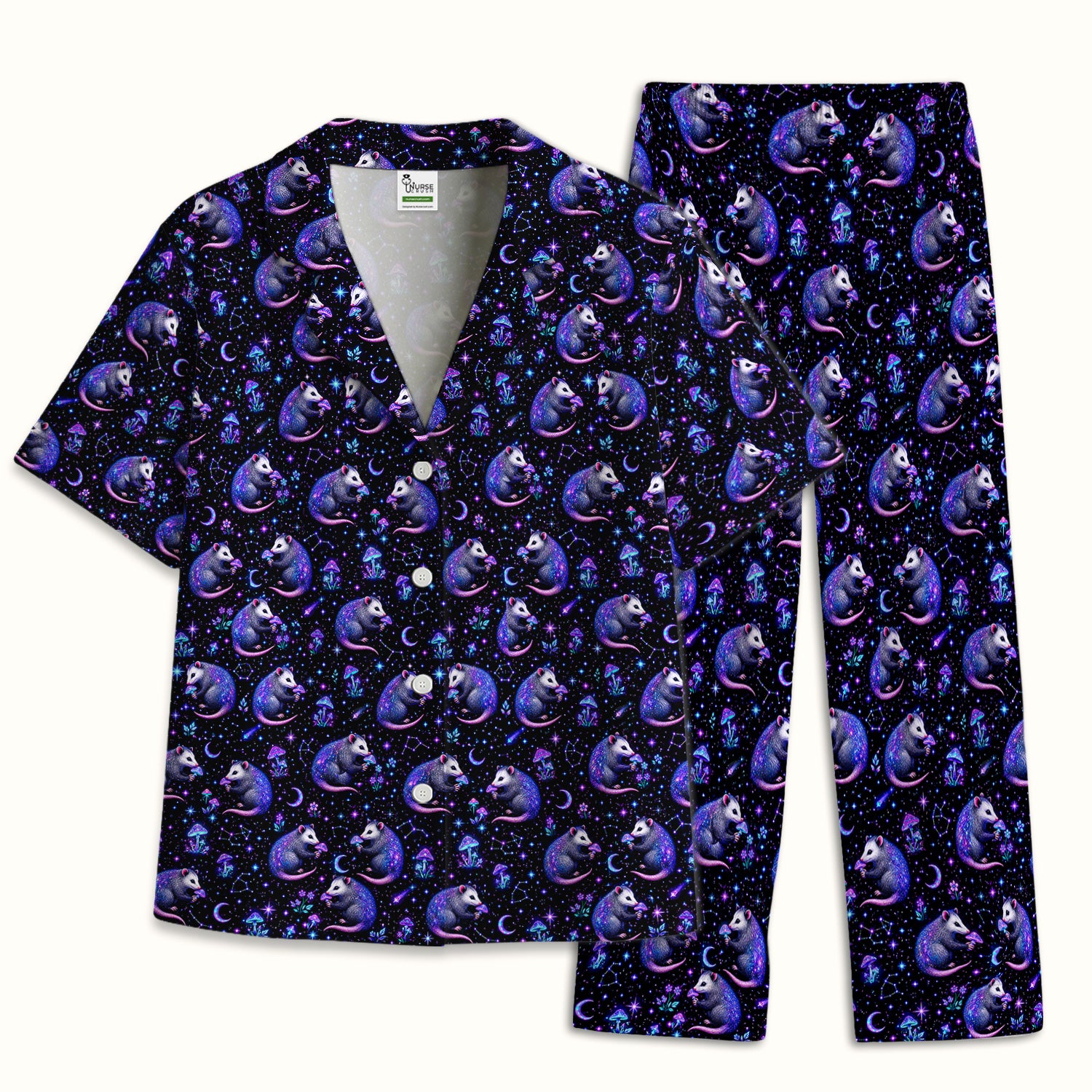 Celestial Purple Opossum With Mushroom Pattern Pajama Set, Soft Breathable Fabric Comfortable Sleepwear