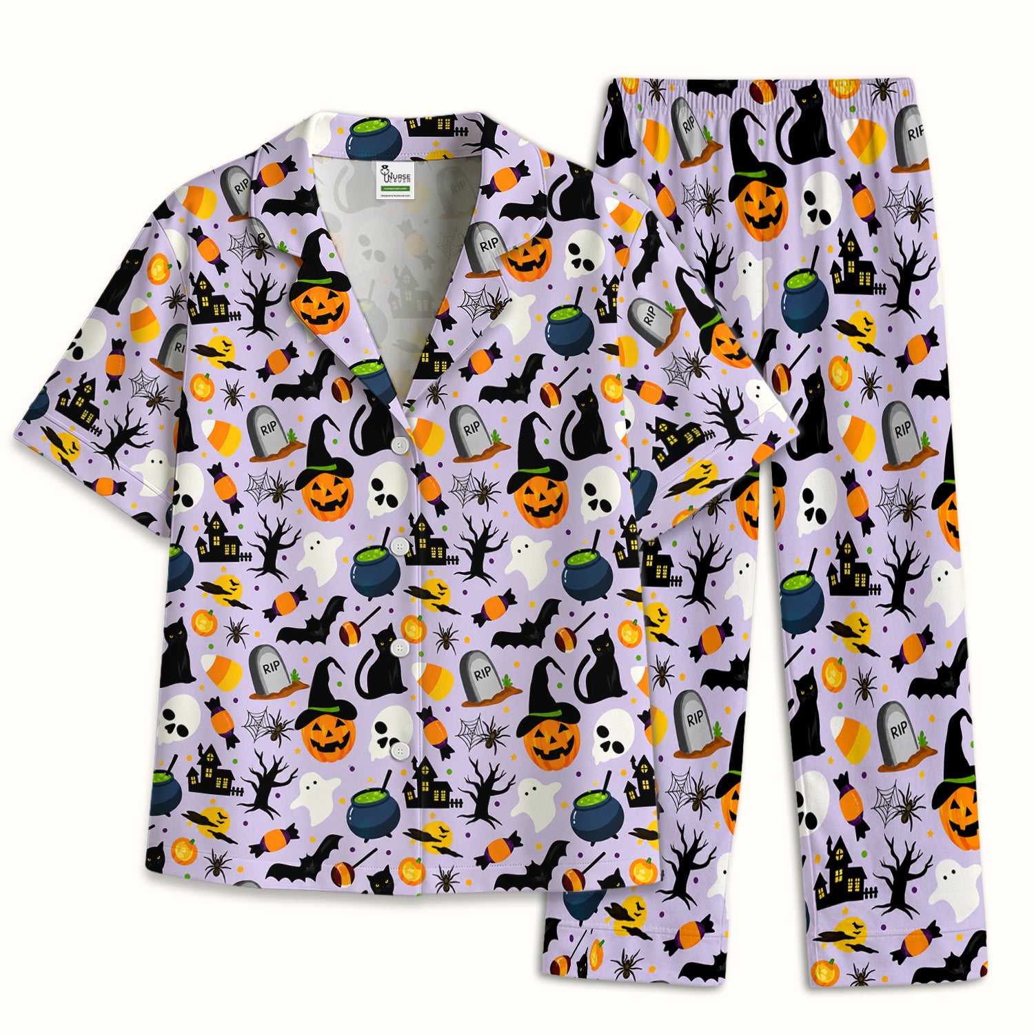 Ghost Pumpkin Witch Pattern Pajama Set, Soft Breathable Fabric Comfortable Sleepwear