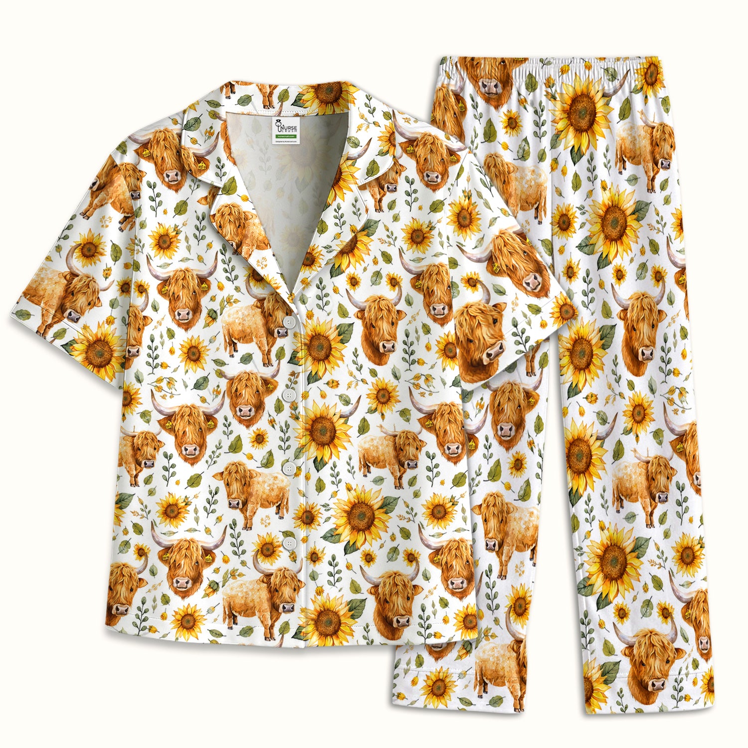 Highland Cow Sunflower Pattern Pajama Set, Soft Breathable Fabric Comfortable Sleepwear