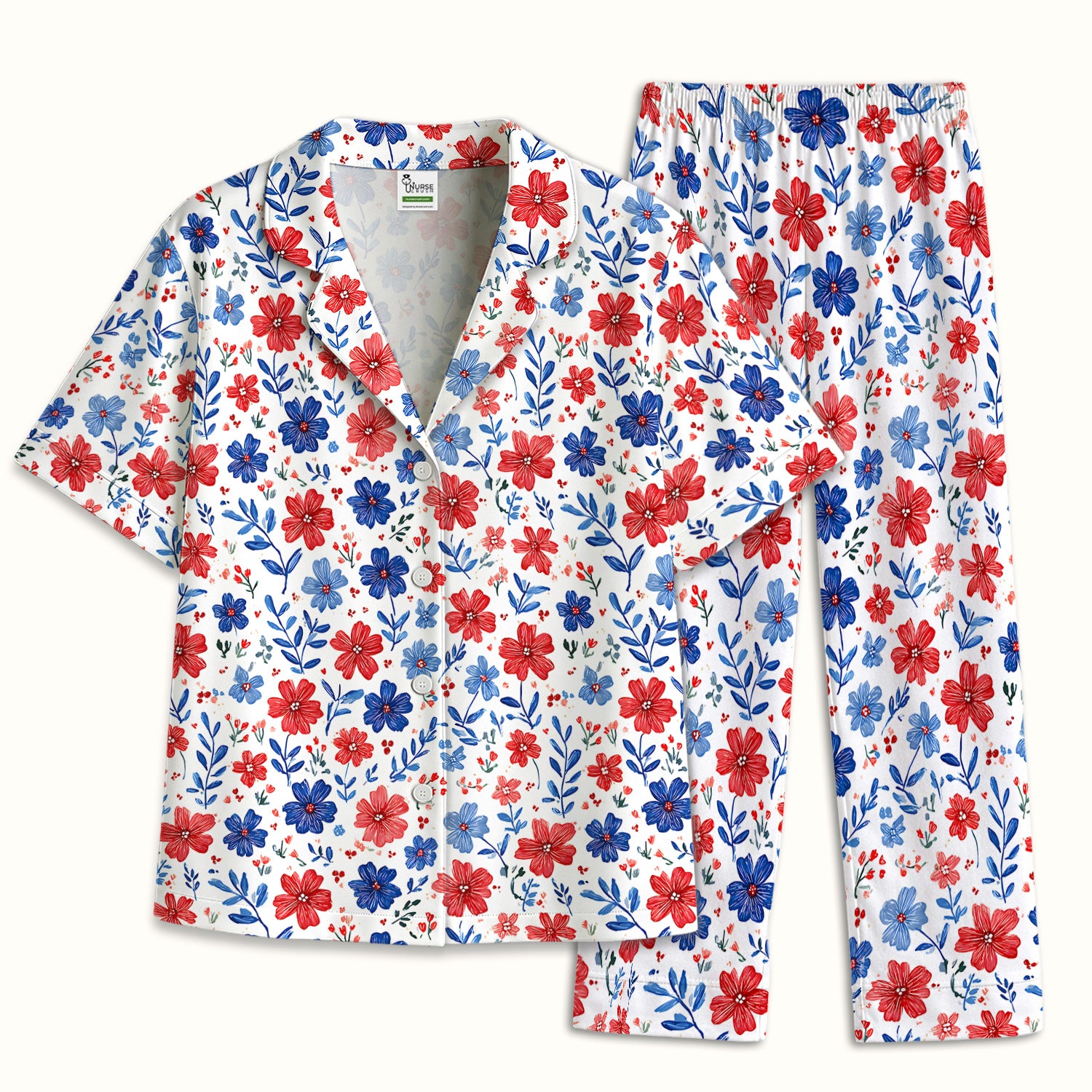 Patriotic Red White Blue Floral Print Pajama Set, Soft Breathable Fabric Comfortable Sleepwear